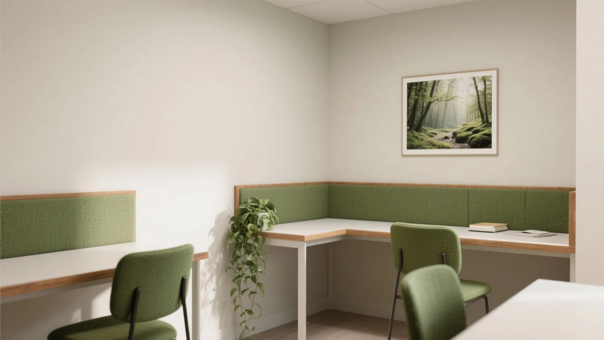 Modern office workspace with green chairs white desks hanging plants and a forest wall picture