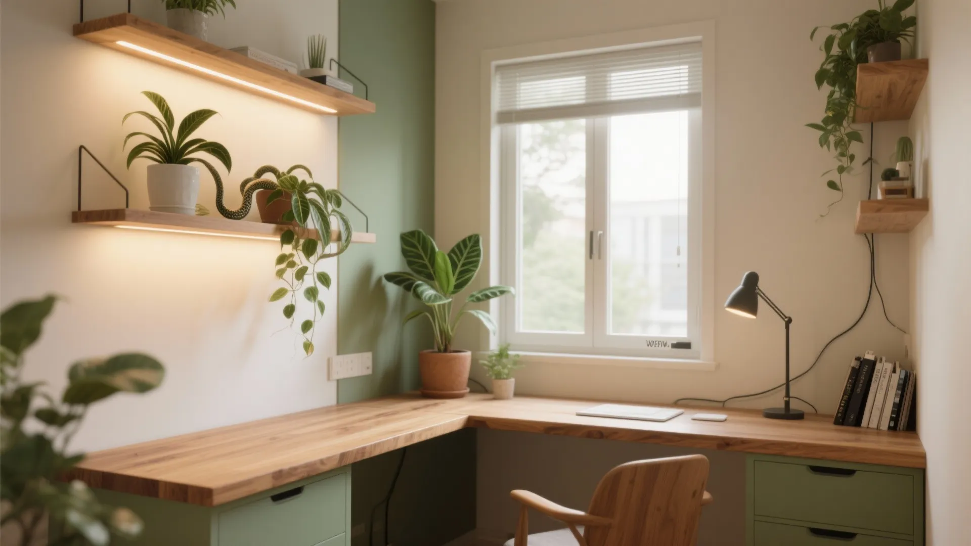 Modern home office with a wooden corner desk green wall indoor plants shelves and lamp