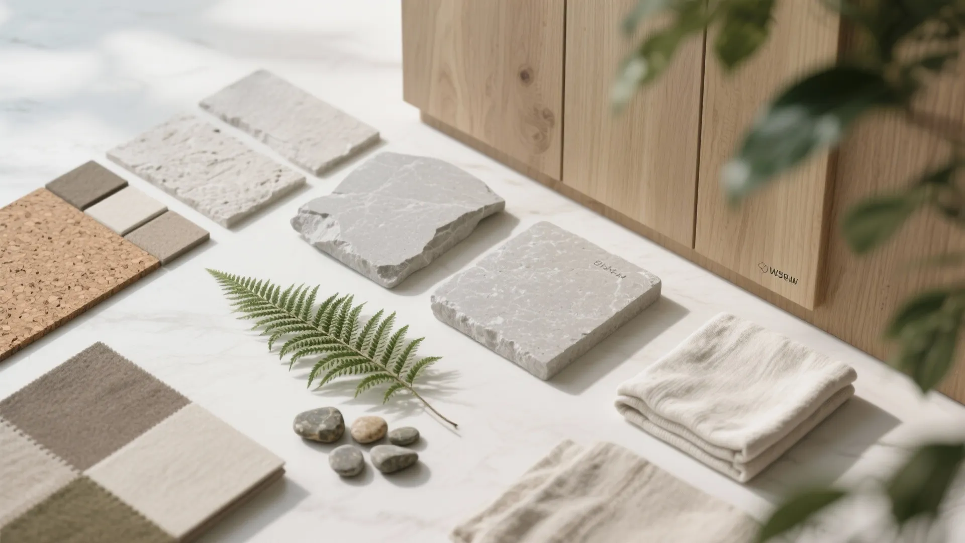 Selection of interior design materials including stone tiles fabric samples wood cork and green leaf