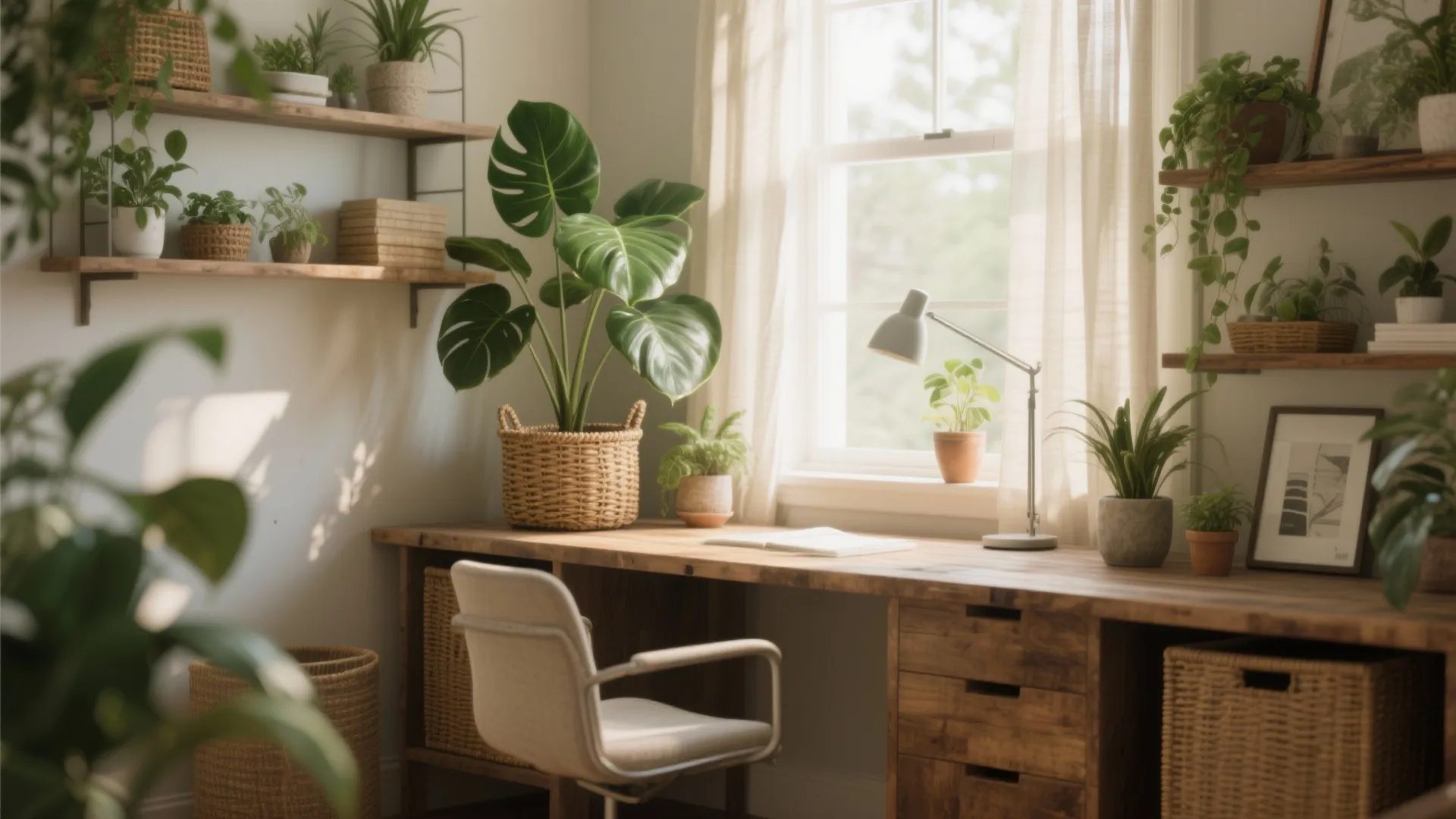 Bright home office with wooden desk white chair many green plants and a sunny window