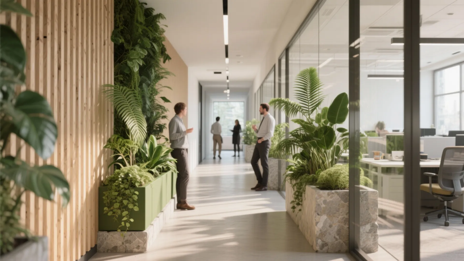 Bright office hallway with green indoor plants and wooden wall panel design for a natural feel