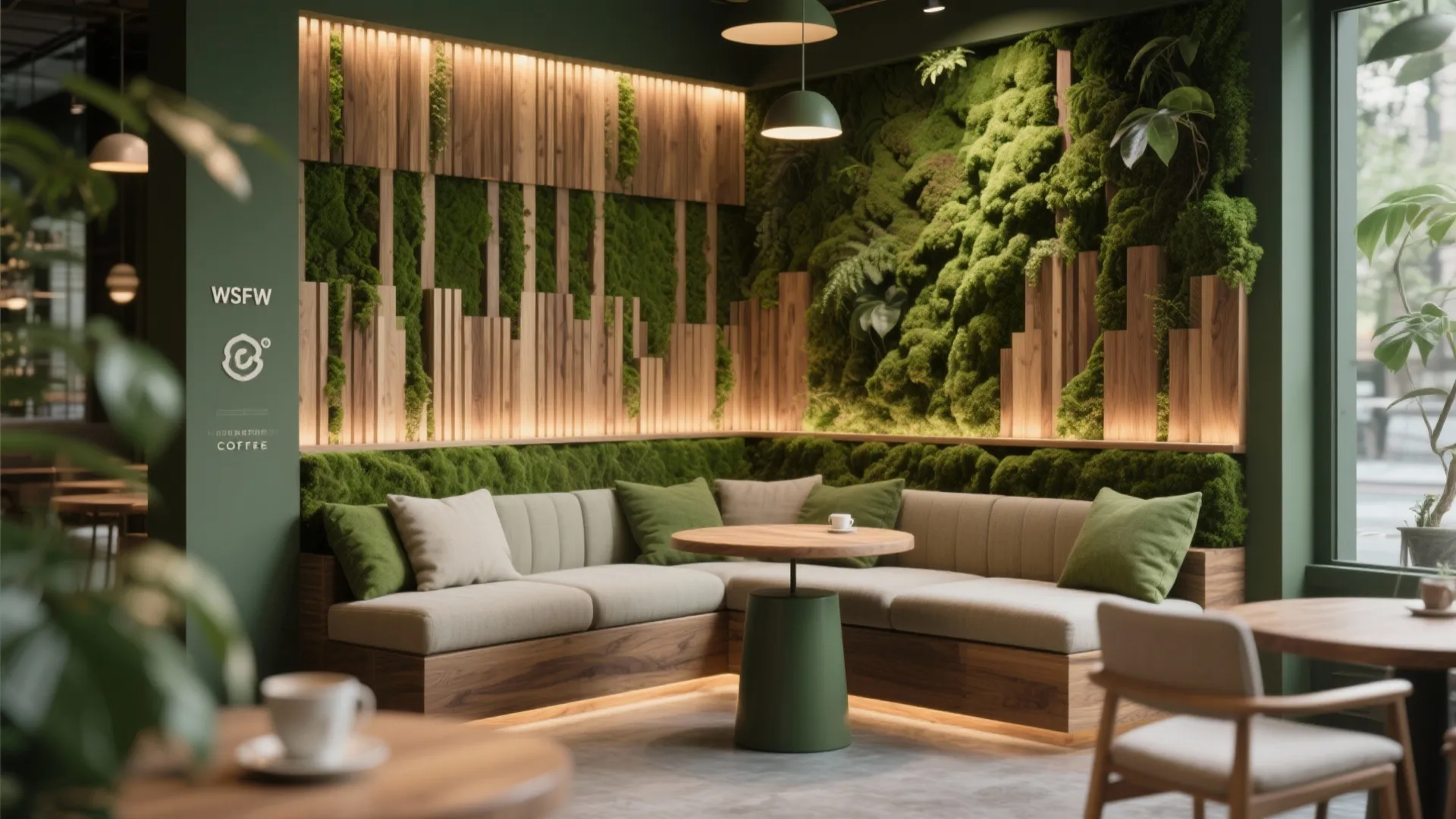Green coffee shop interior with moss wall decoration, wooden panels, soft sofa, and round table