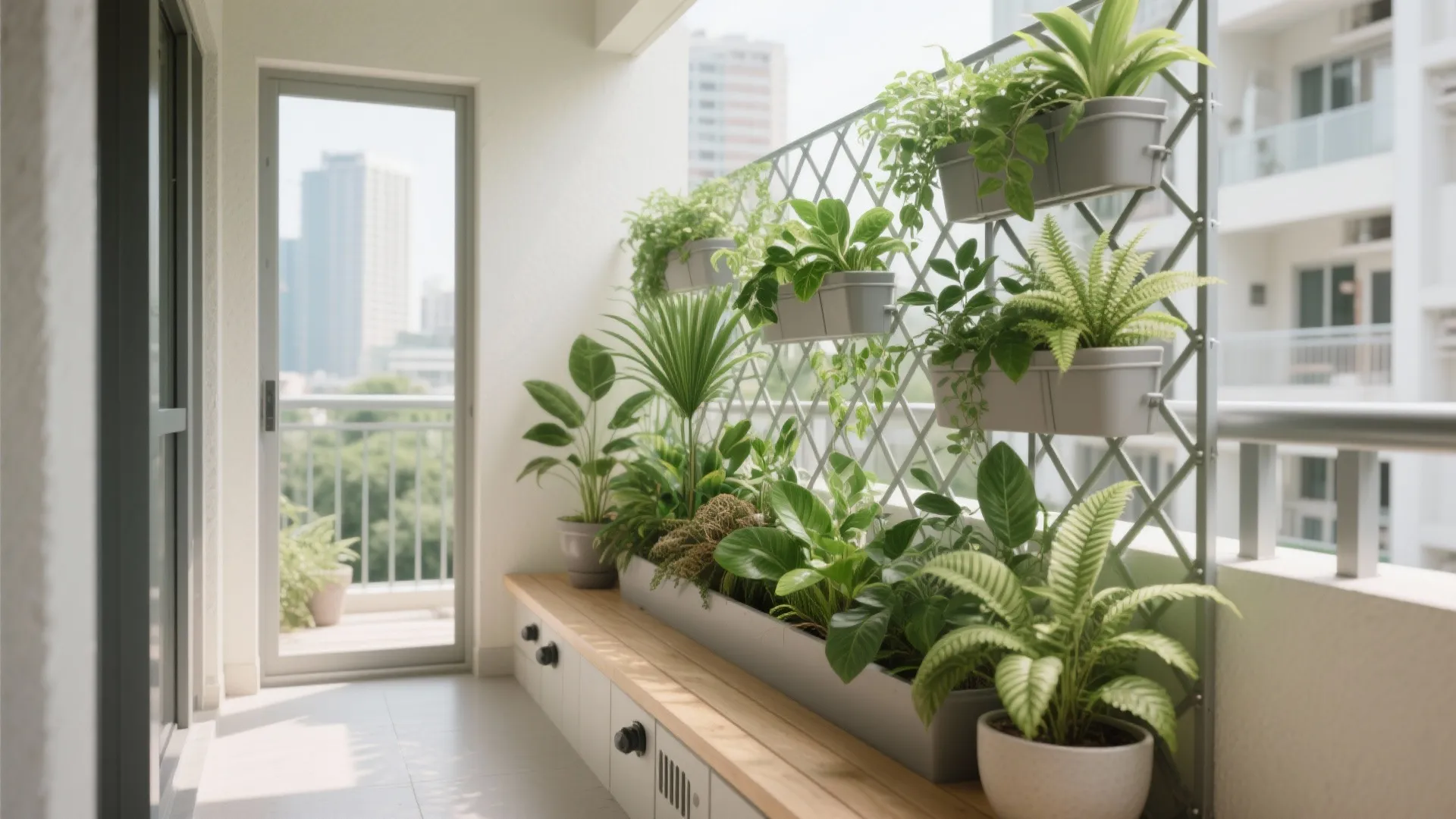 Balcony garden featuring green potted plants on a white trellis wall with a wooden storage bench