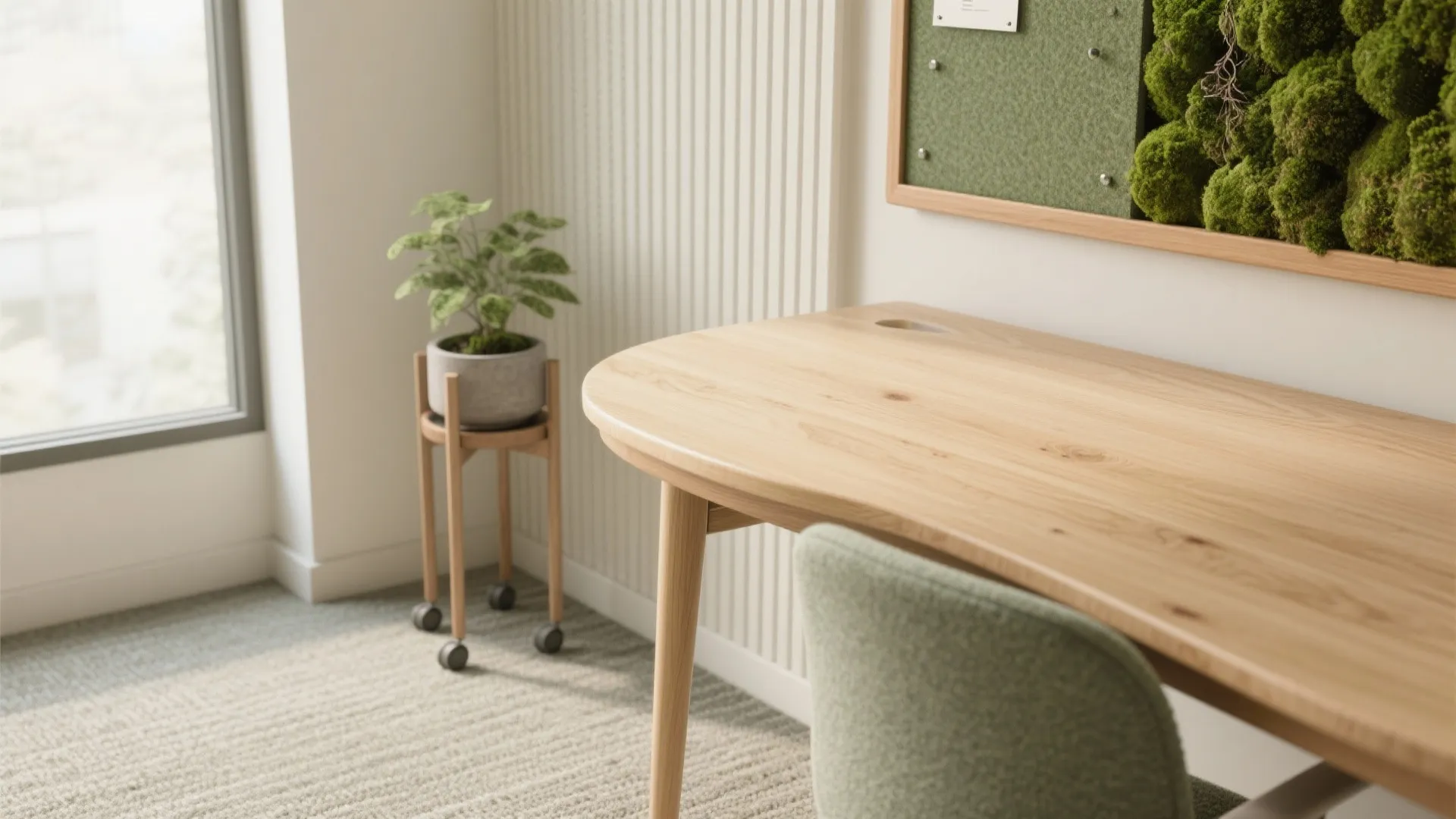 Macro of oak desktop edge, sage felt pinboard, and a preserved moss planter with soft vertical wall-wash light.