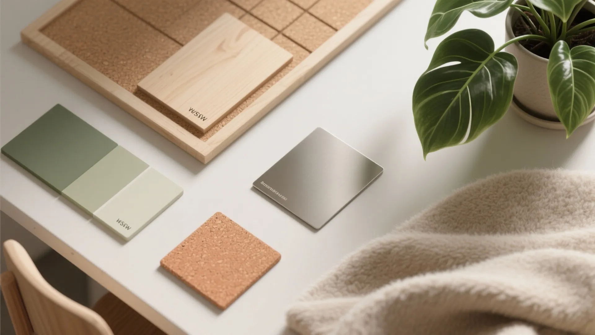 Interior design materials on white table with wood samples green color palette and small plant