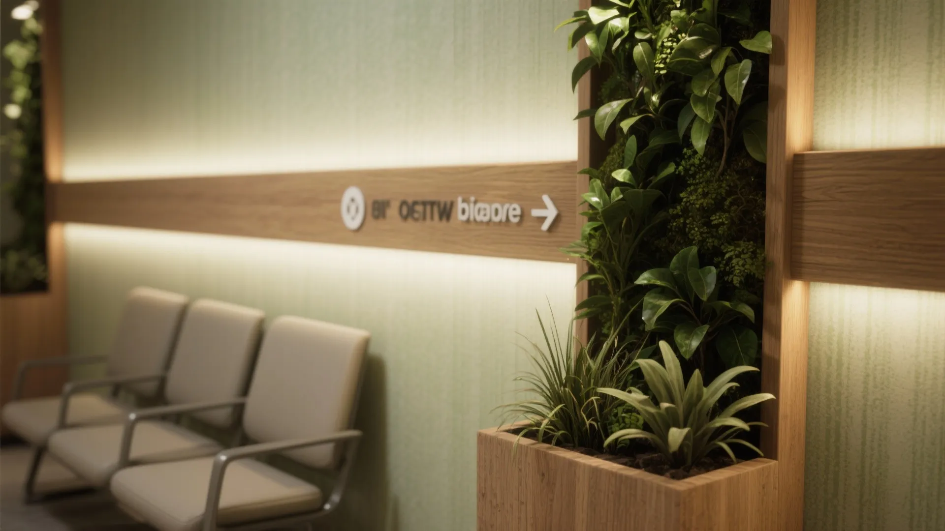 Modern waiting area with grey chairs wooden wall signs green plants and soft warm lighting