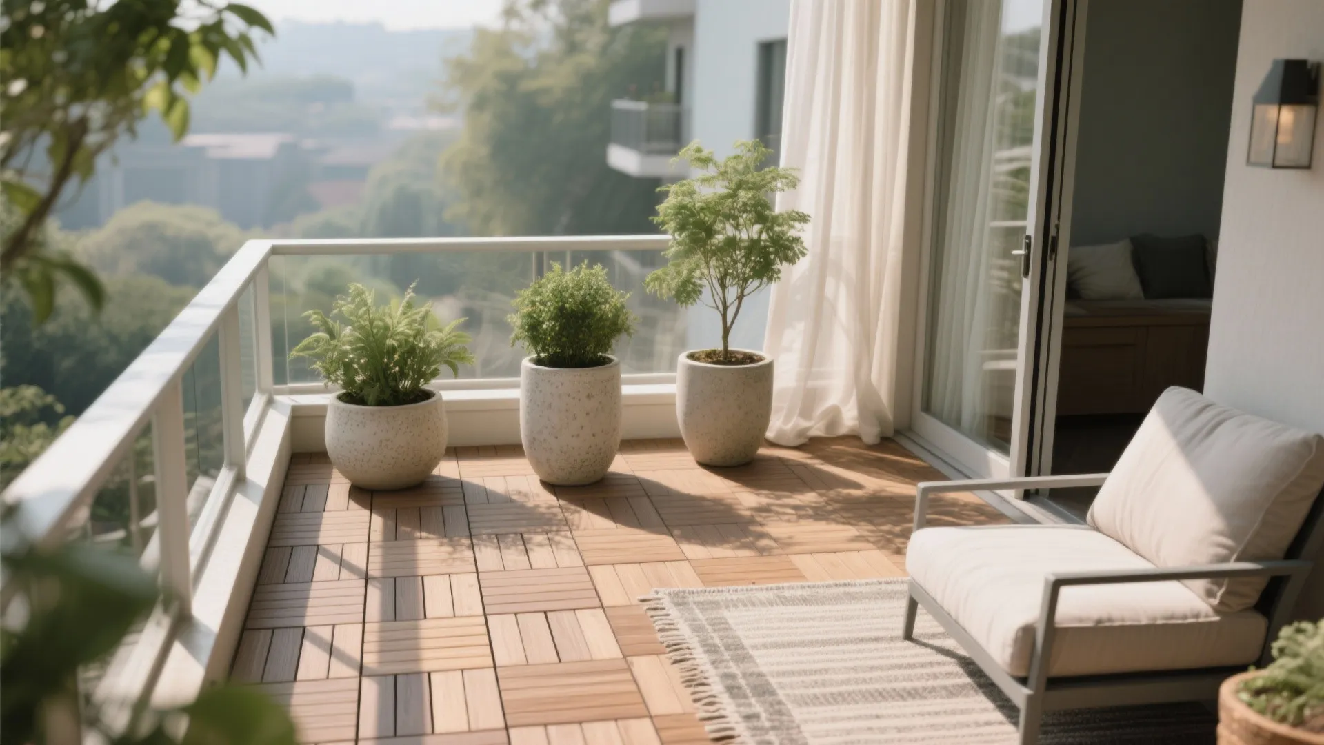 Biophilic Layers: Planters, Wood Tiles, and Breezy Textiles