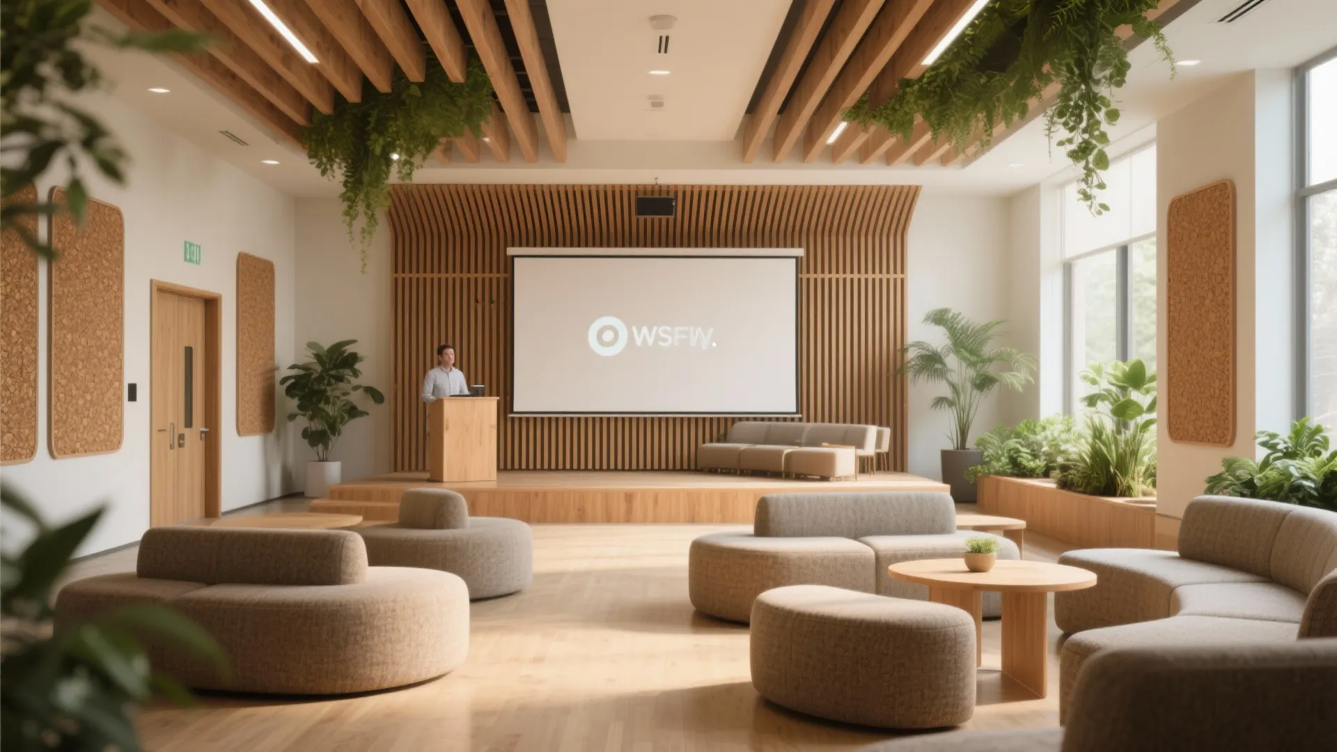 Modern meeting room with wood panel walls hanging green plants and soft grey curved sofas