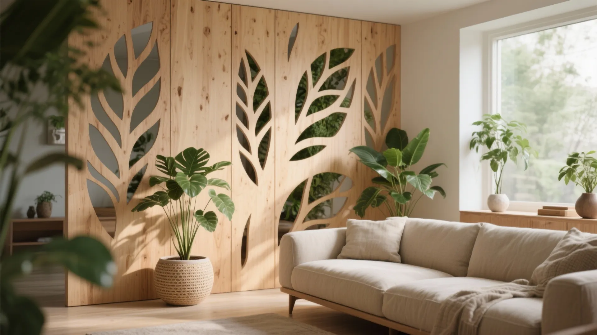Modern living room featuring a decorative wood wall panel with leaf cutouts and green plants