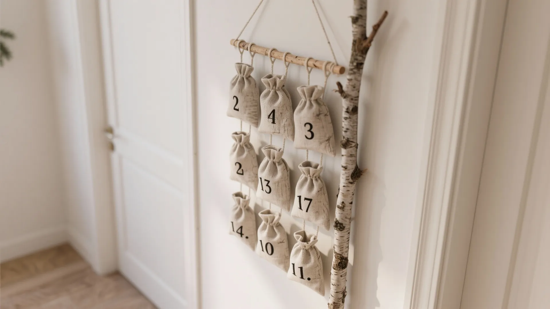 Numbered small fabric gift bags hanging from a birch wood branch on a white wall