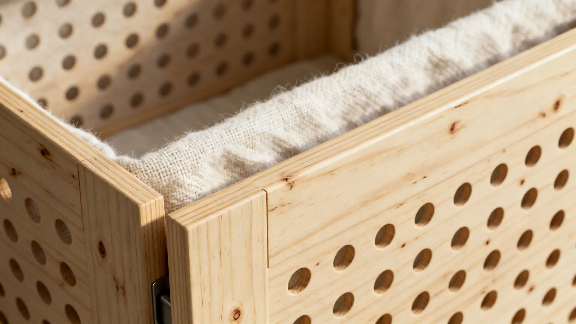 Macro of perforated birch bin and cotton liner showing breathable materials for produce storage.