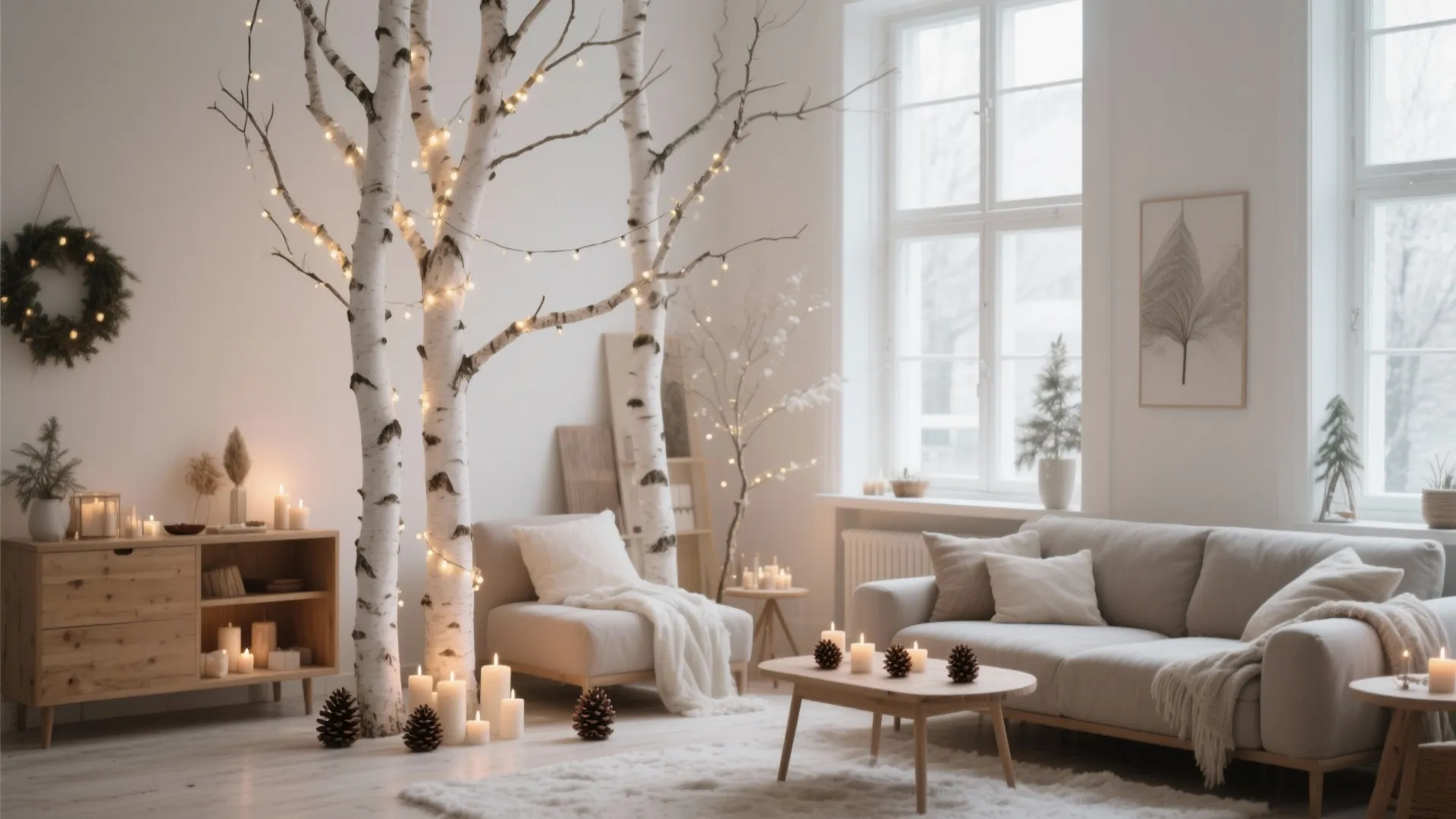 Bright living room with birch trees, small lights, candles, beige sofa, and wooden storage cabinet