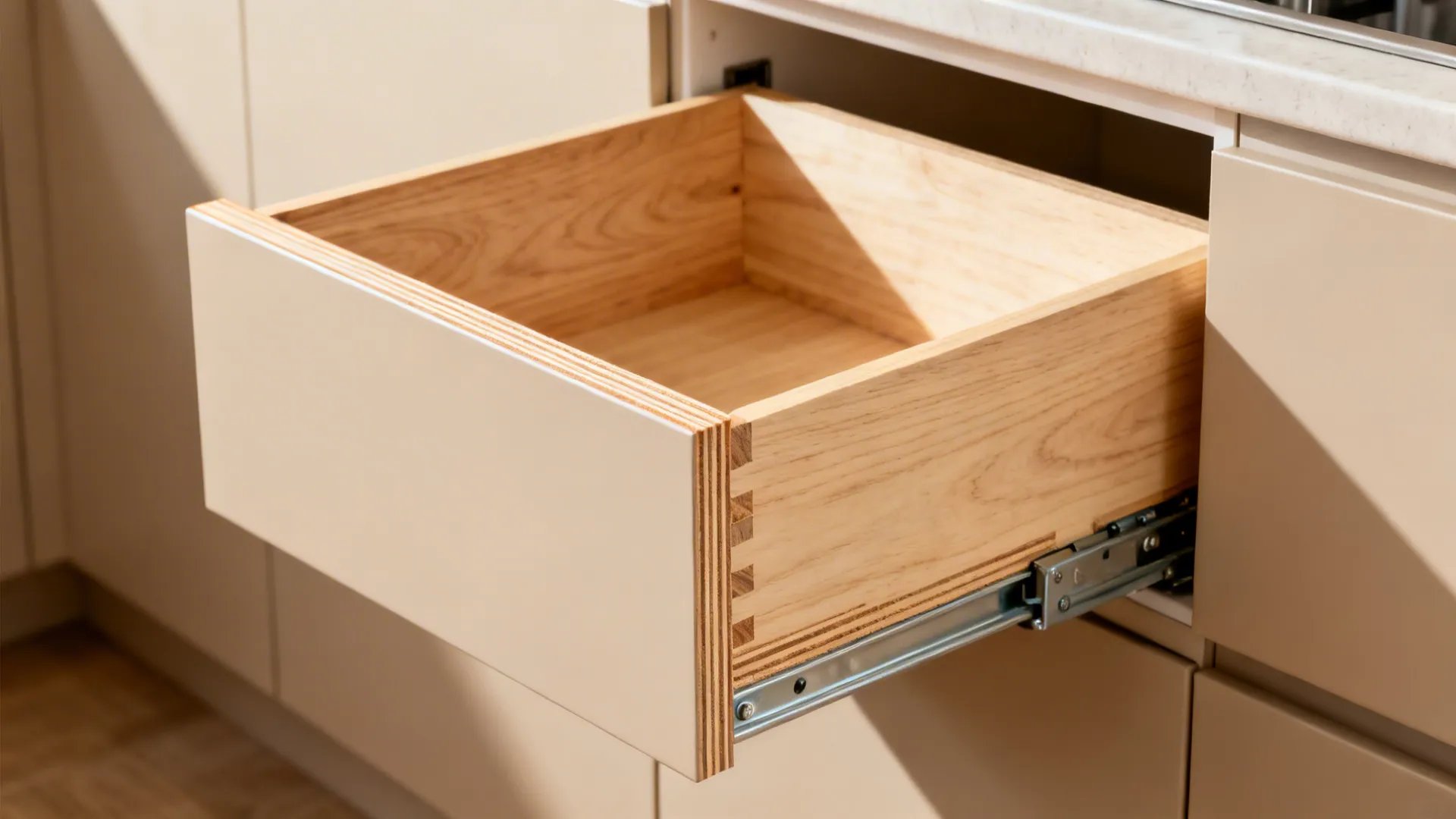 Birch plywood drawer box with exposed layered edge and clear matte finish.
