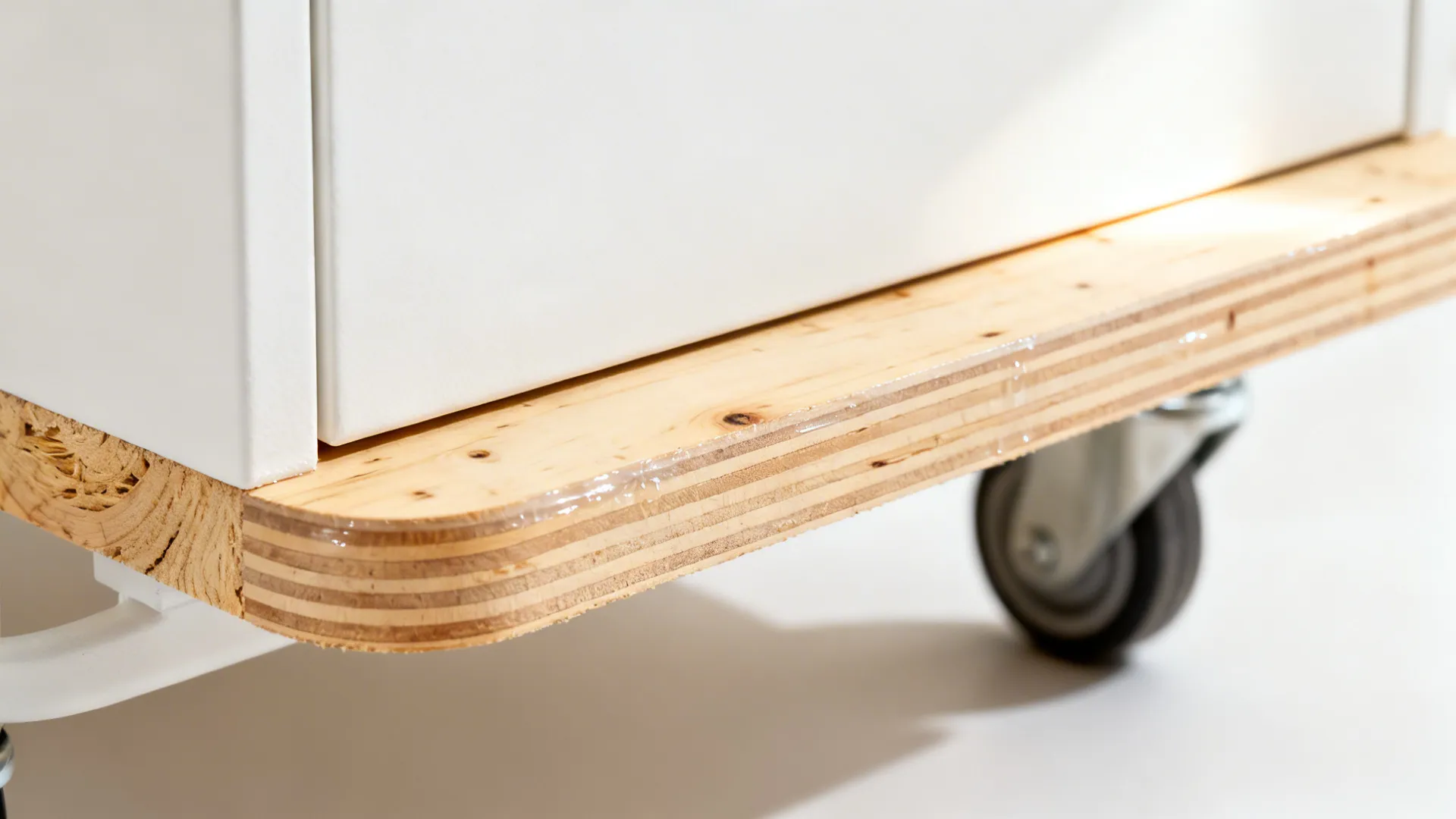 Macro of warm white trolley panel showing exposed birch plywood edge layers