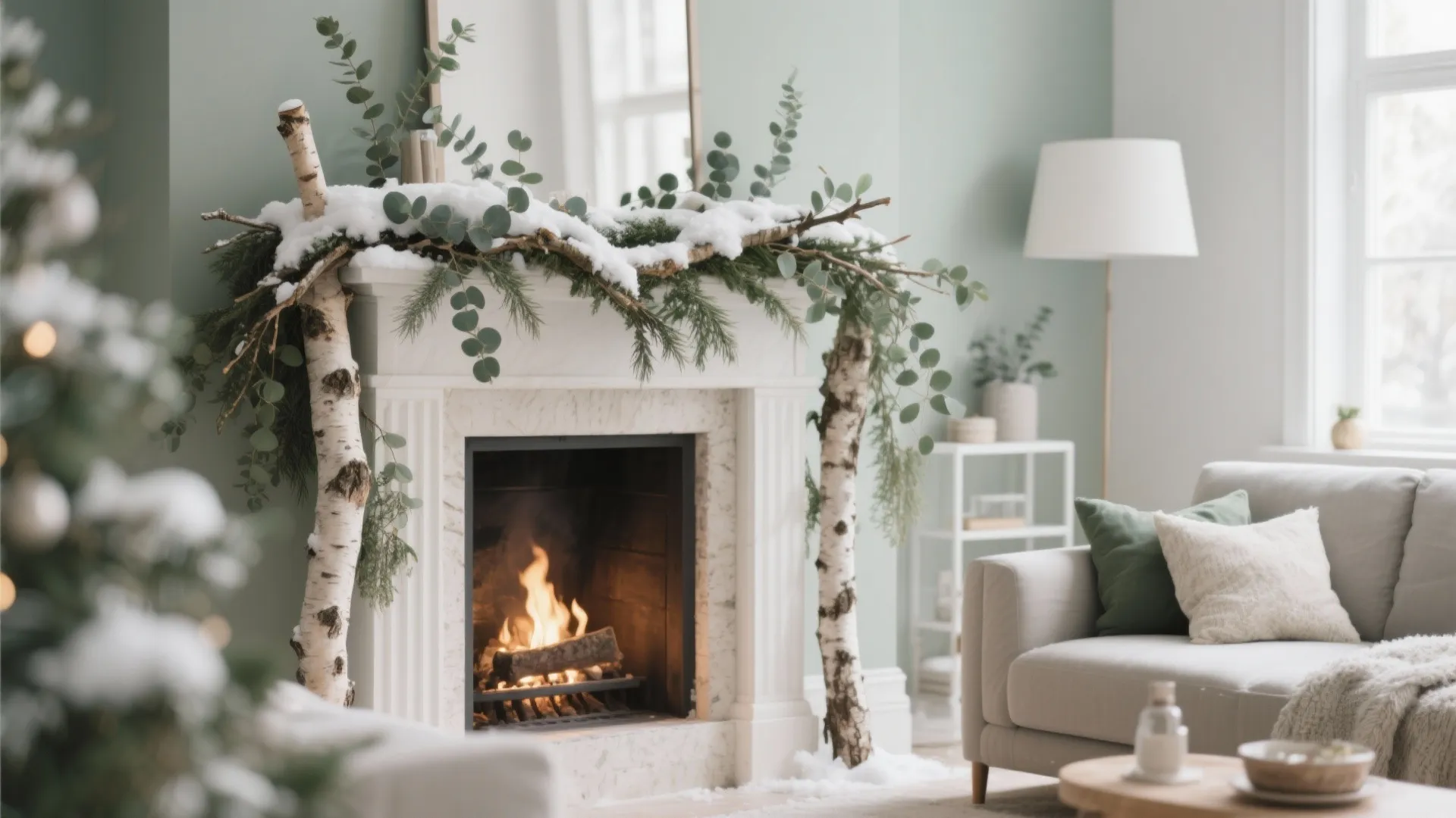 White fireplace decorated with birch logs, green leaves, snow, and grey sofa in living room