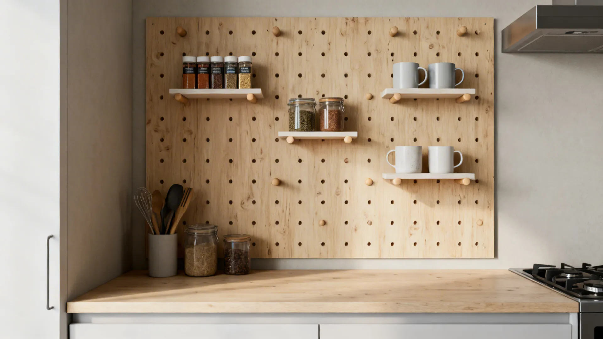 Birch plywood pegboard wall with modular pegs and shallow shelves for spices and mugs.
