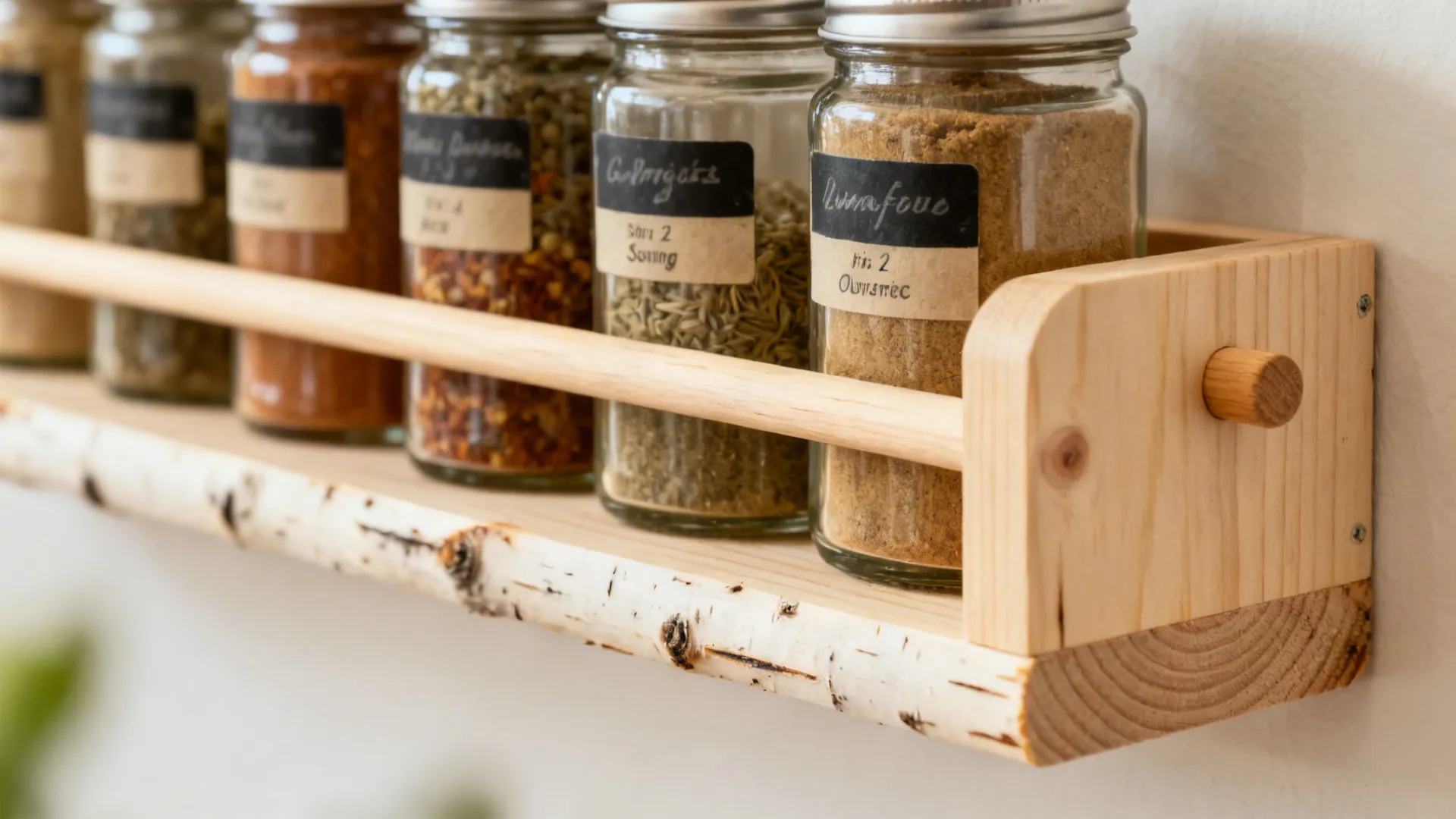 Close-up of birch spice shelf with dowel guard and neatly labeled jars.