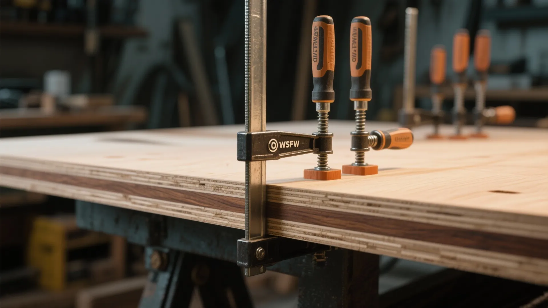 Metal hand clamps holding several layers of thick wooden boards together on a workshop table