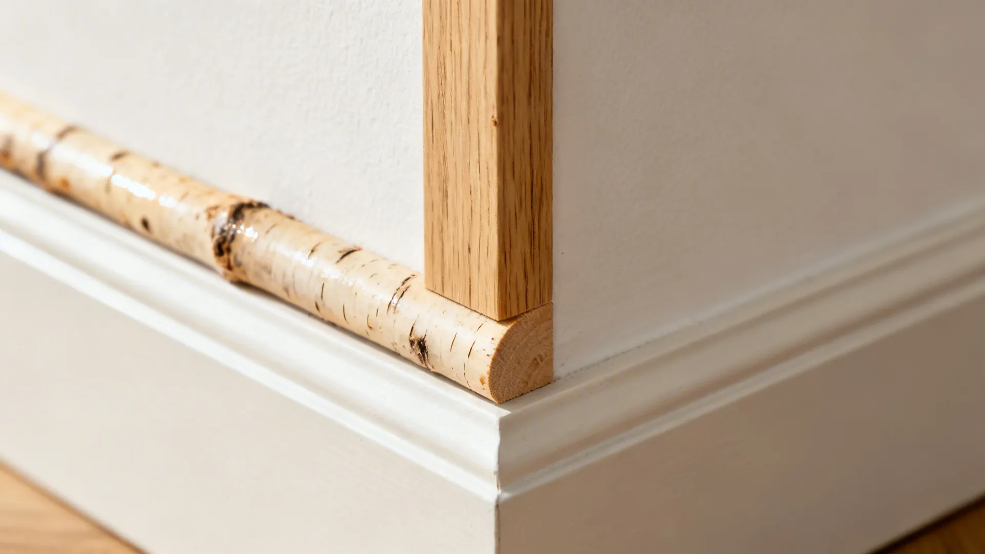 Macro of slim birch trim and baseboard meeting a painted wall with clean lines.