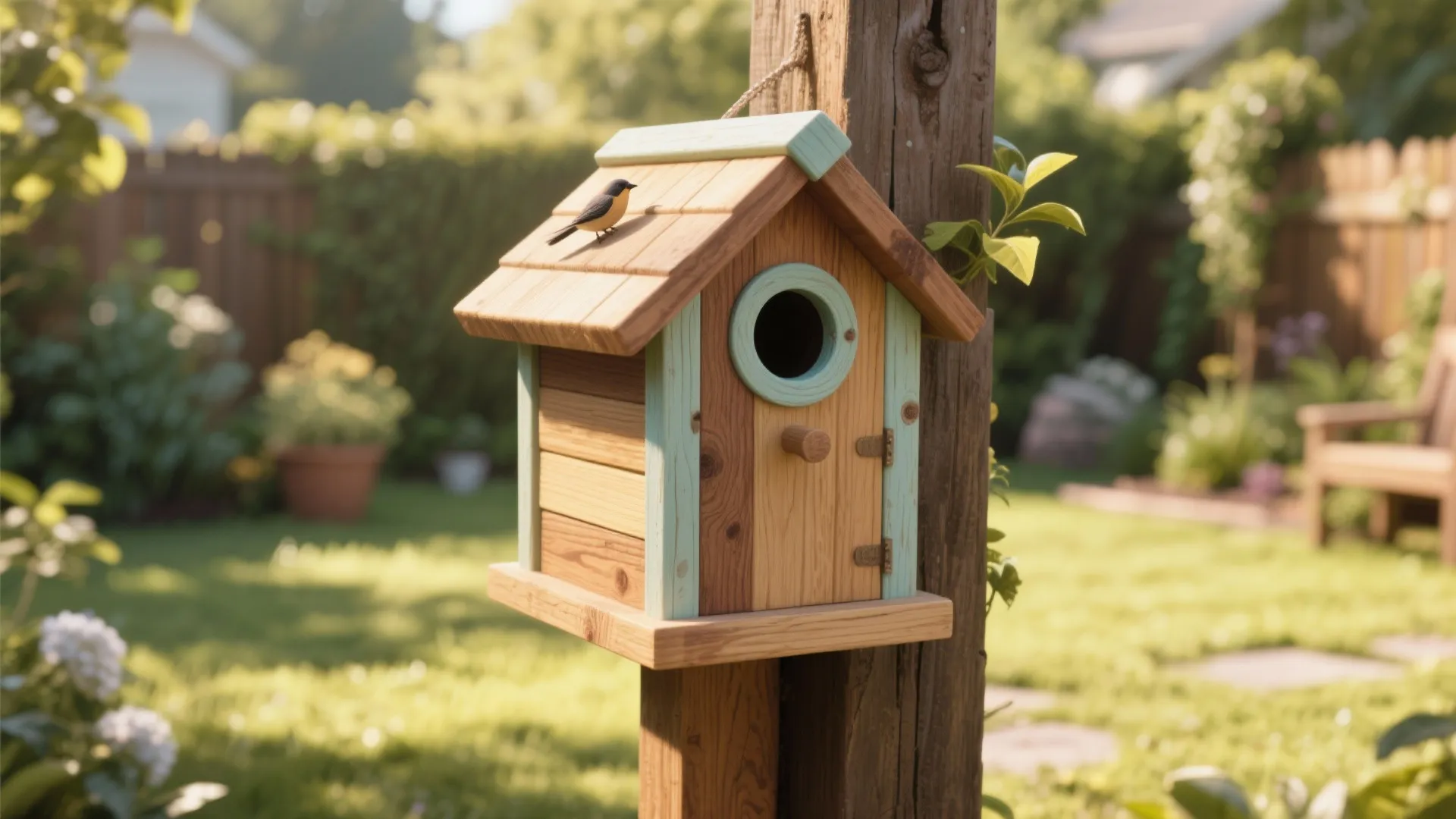 Wooden birdhouse with blue trim on a post in green backyard garden with small bird