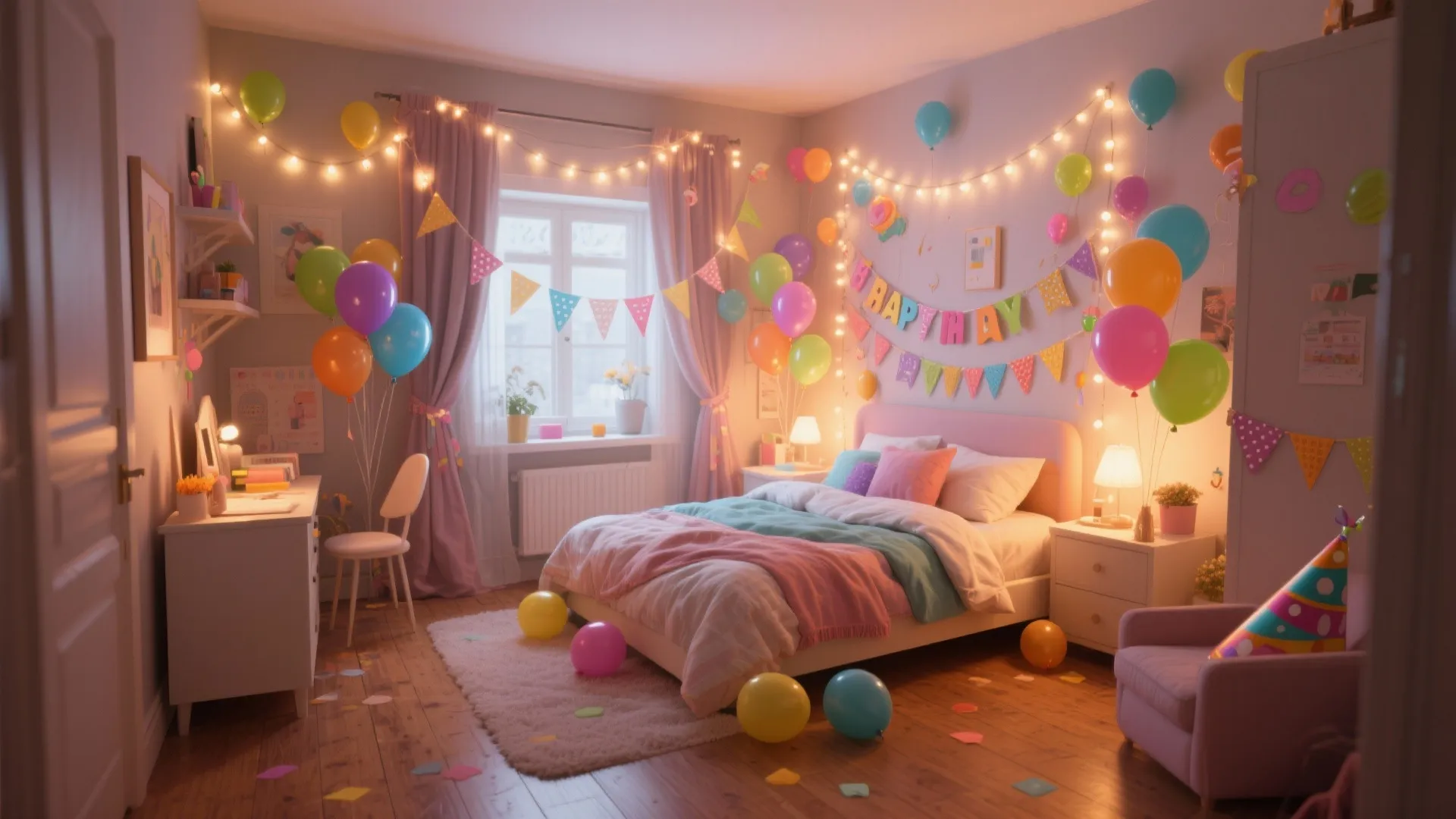 Birthday bedroom interior design with colorful balloons and banners plus cozy bed and warm string lights