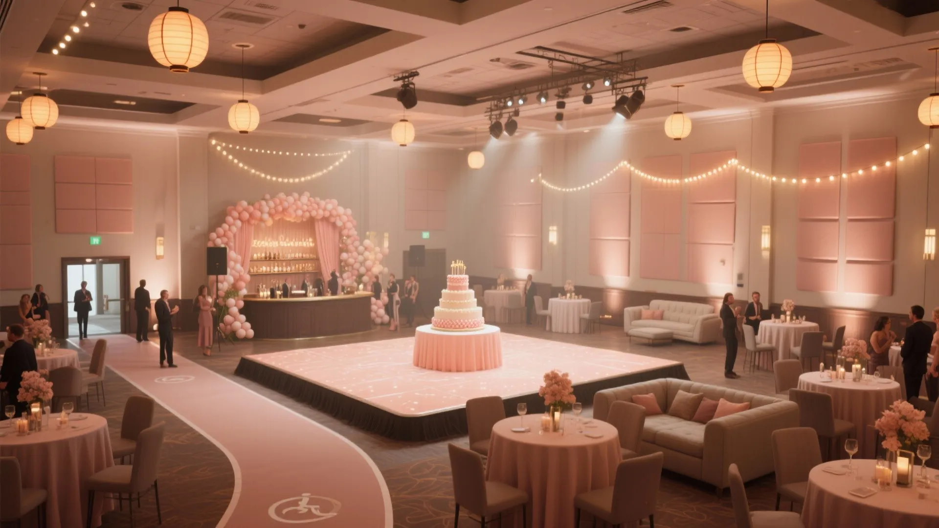 Large pink banquet hall featuring tiered cake balloon arch round tables sofas and ceiling lights