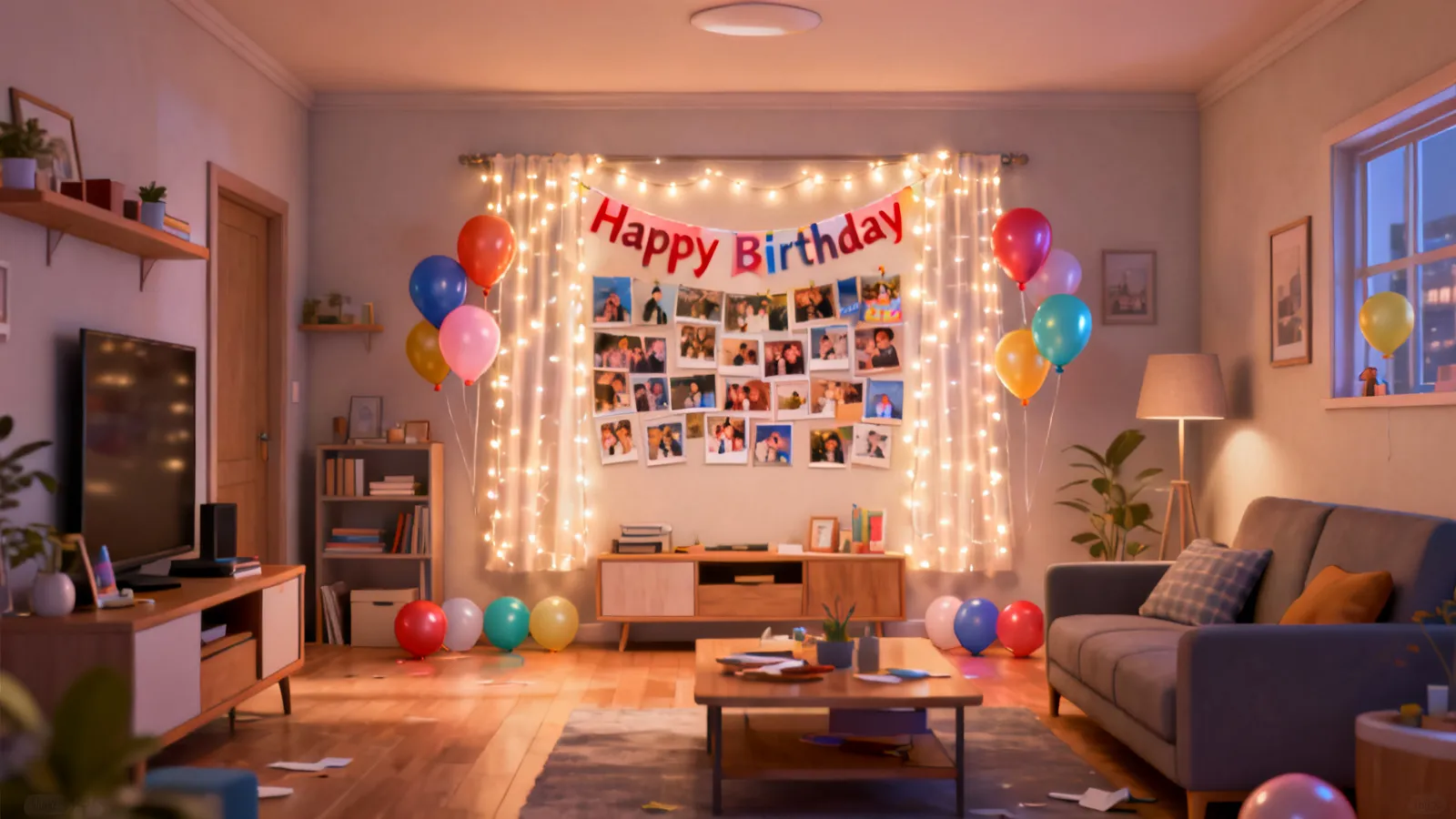 Birthday photo wall with fairy lights banner and balloons for home celebration