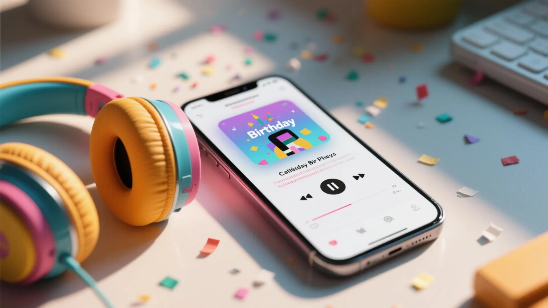 Smartphone playing a birthday music playlist next to colorful headphones and confetti on a white table