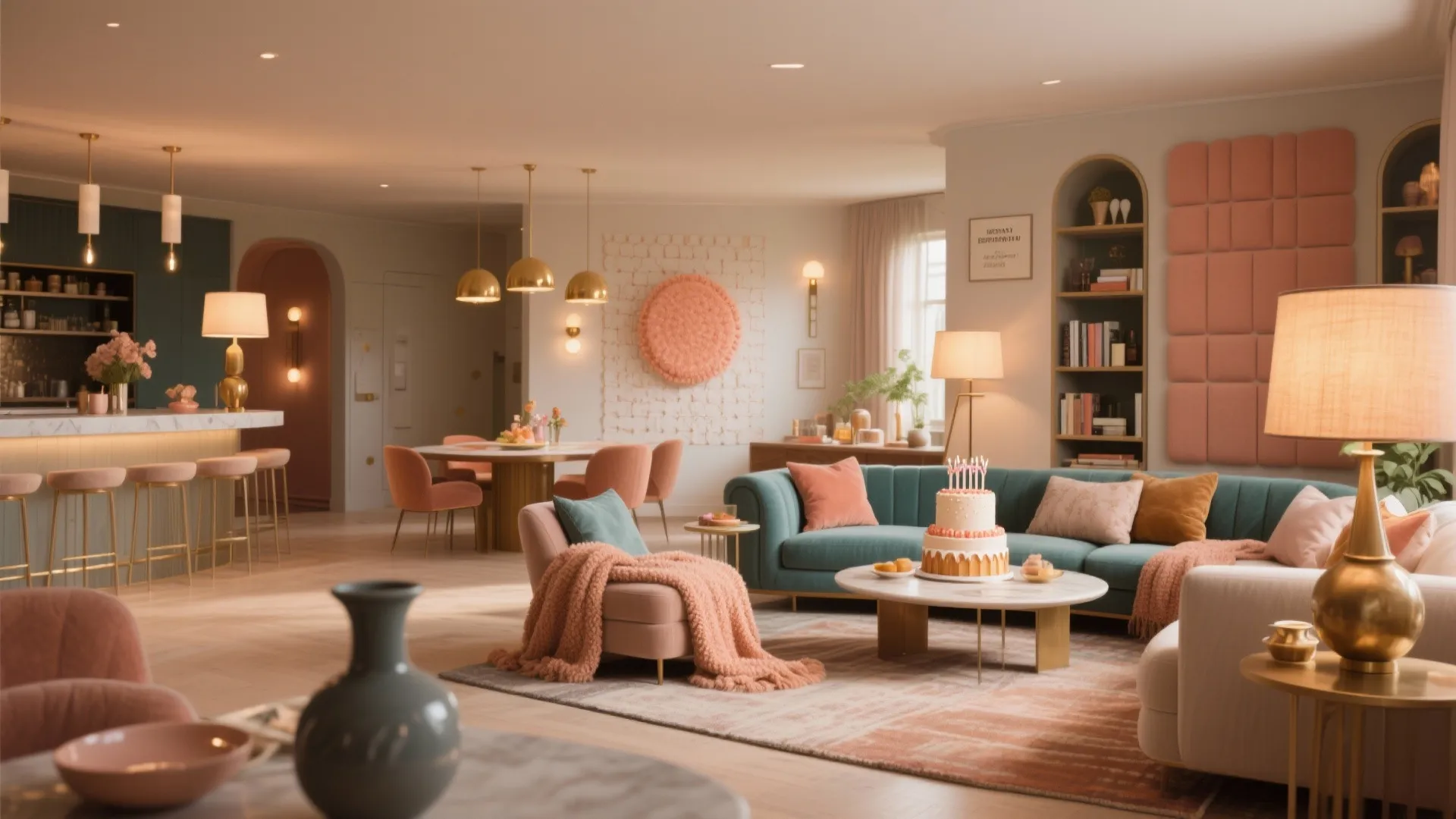 Modern pink and green living room with sofa birthday cake on table and warm lighting