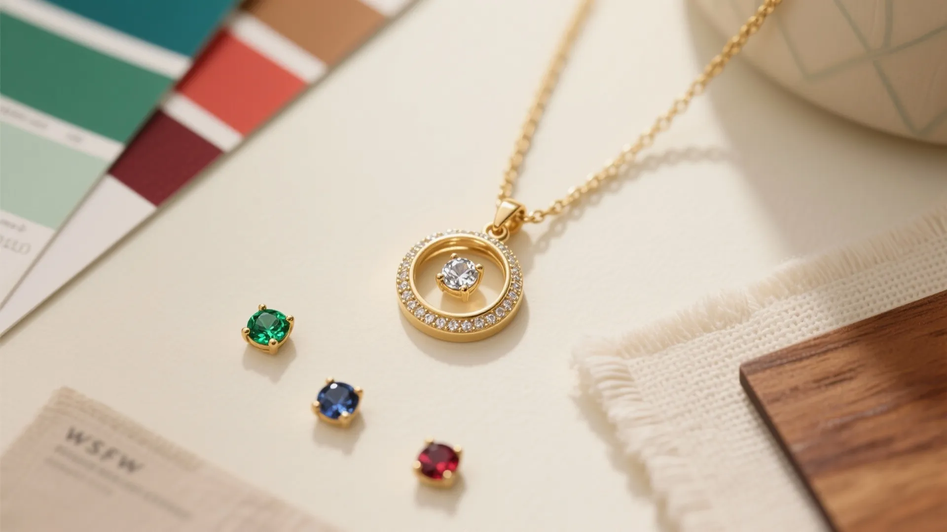 Flat-lay of a tiny gold bezel pendant with micro gemstones arranged with neutral material swatches.