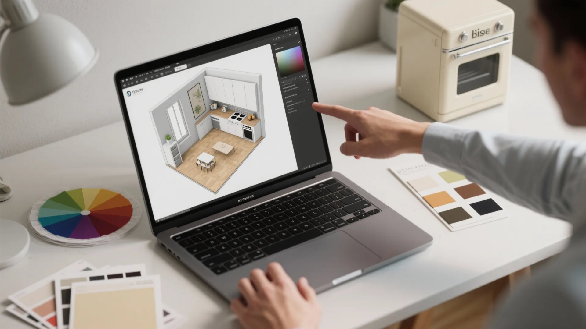 Person pointing at laptop screen showing interior design drawing of kitchen layout with sample cards