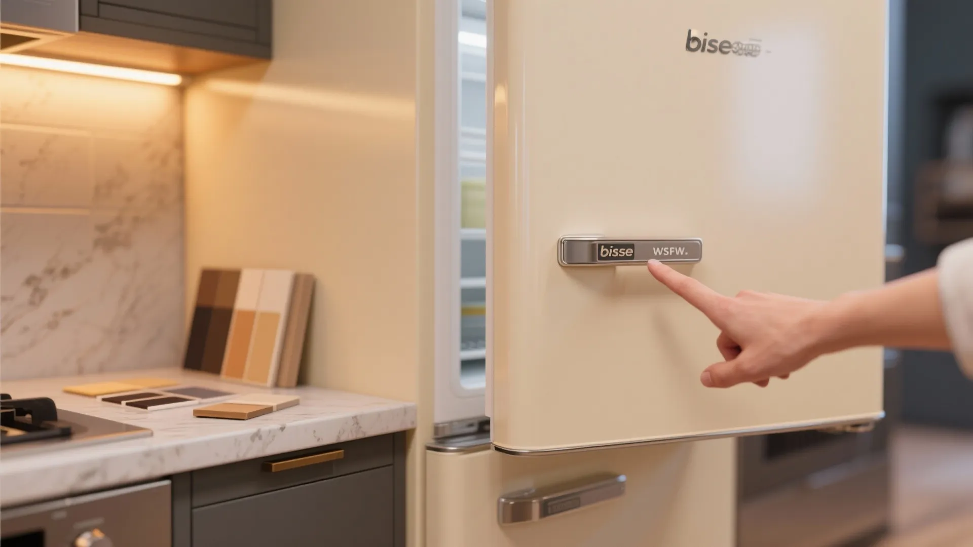 Close up of finger touching cream fridge handle near marble countertop and color sample cards
