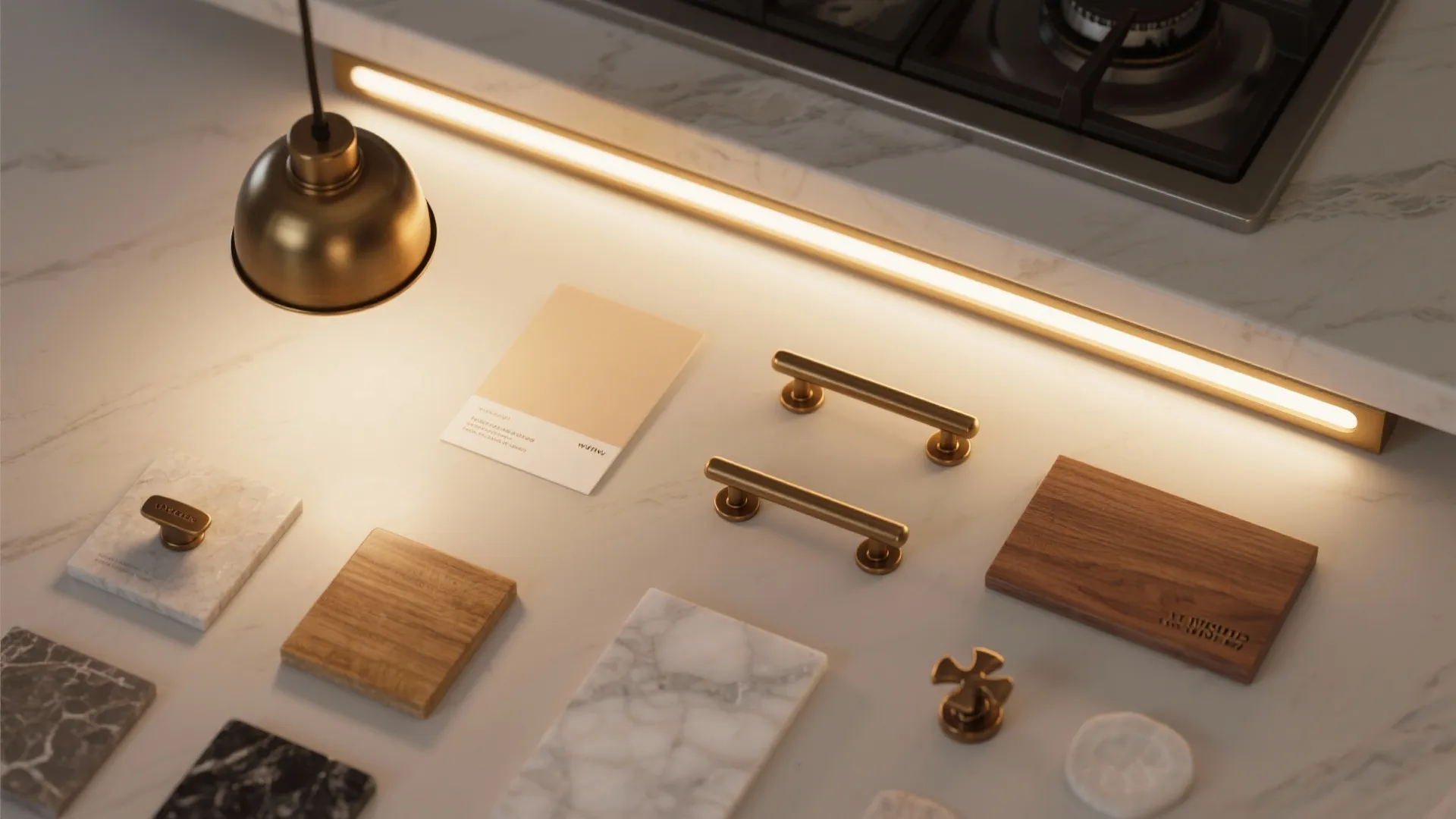 Material samples of marble wood and gold handles displayed under a warm golden light fixture strip