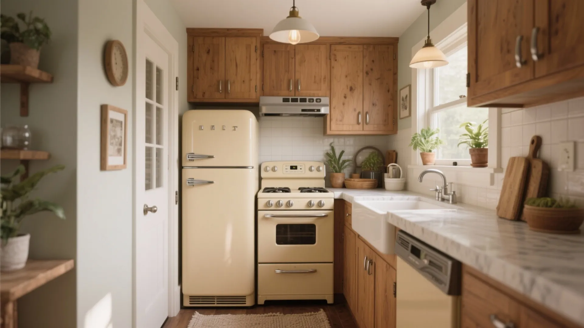 Rustic kitchen with wooden cabinets cream fridge stove white sink marble countertop and ceiling light