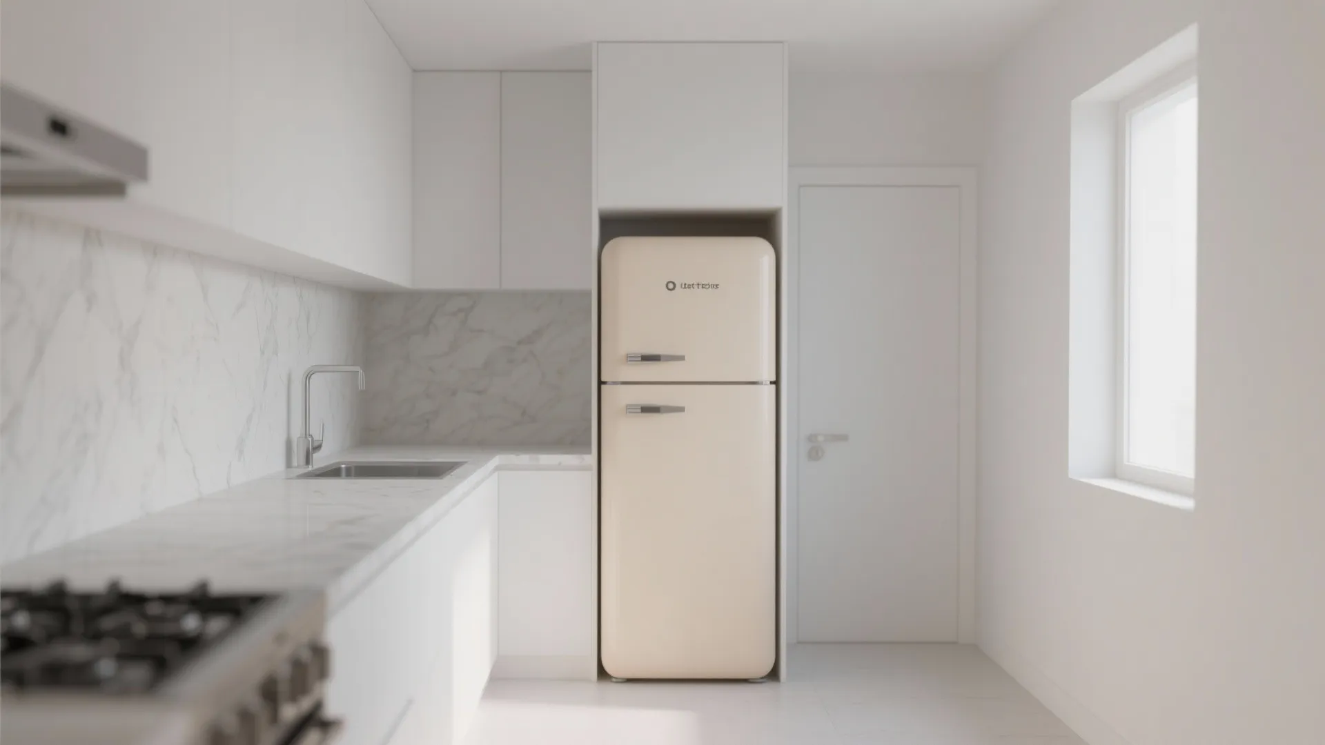 Minimalist white kitchen interior design featuring a cream fridge marble countertop and clean white walls
