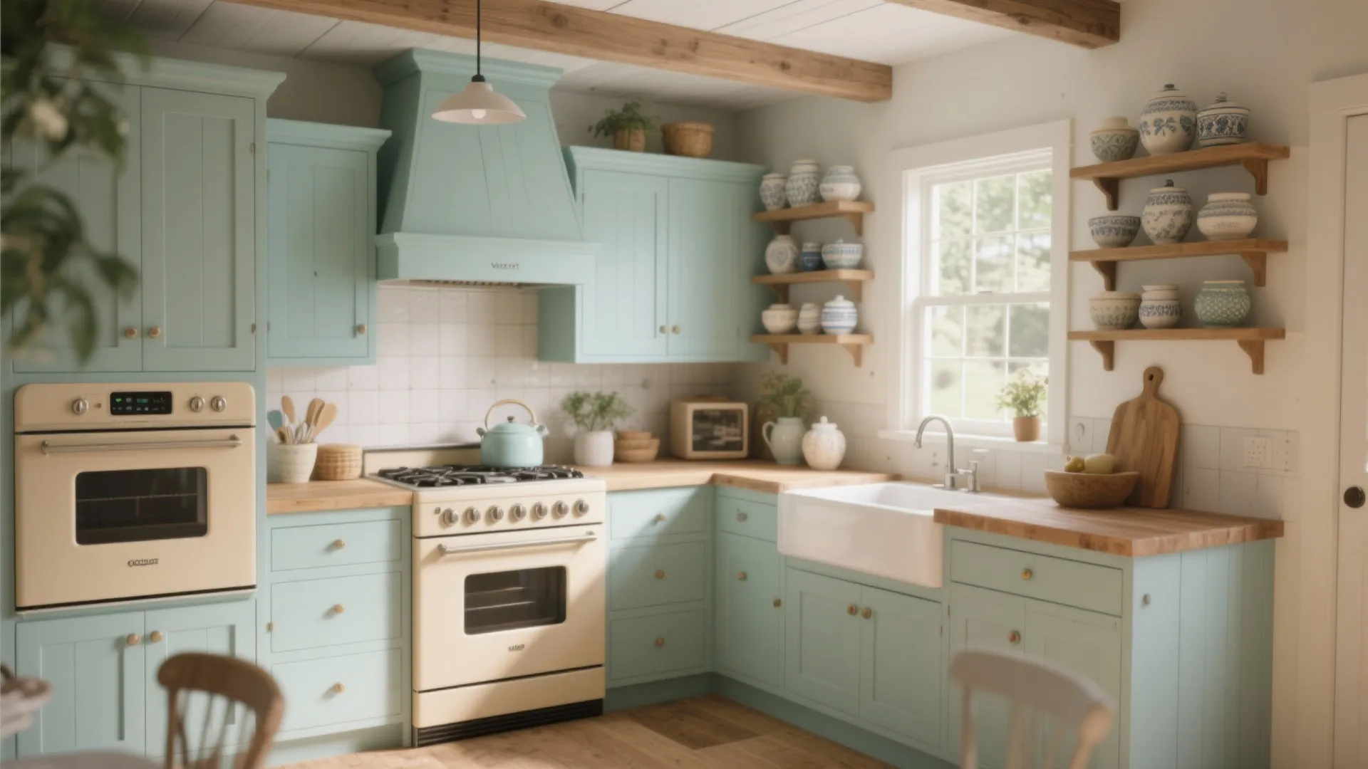 Vintage kitchen with light blue cabinets wooden countertops cream oven white sink and wood ceiling beams
