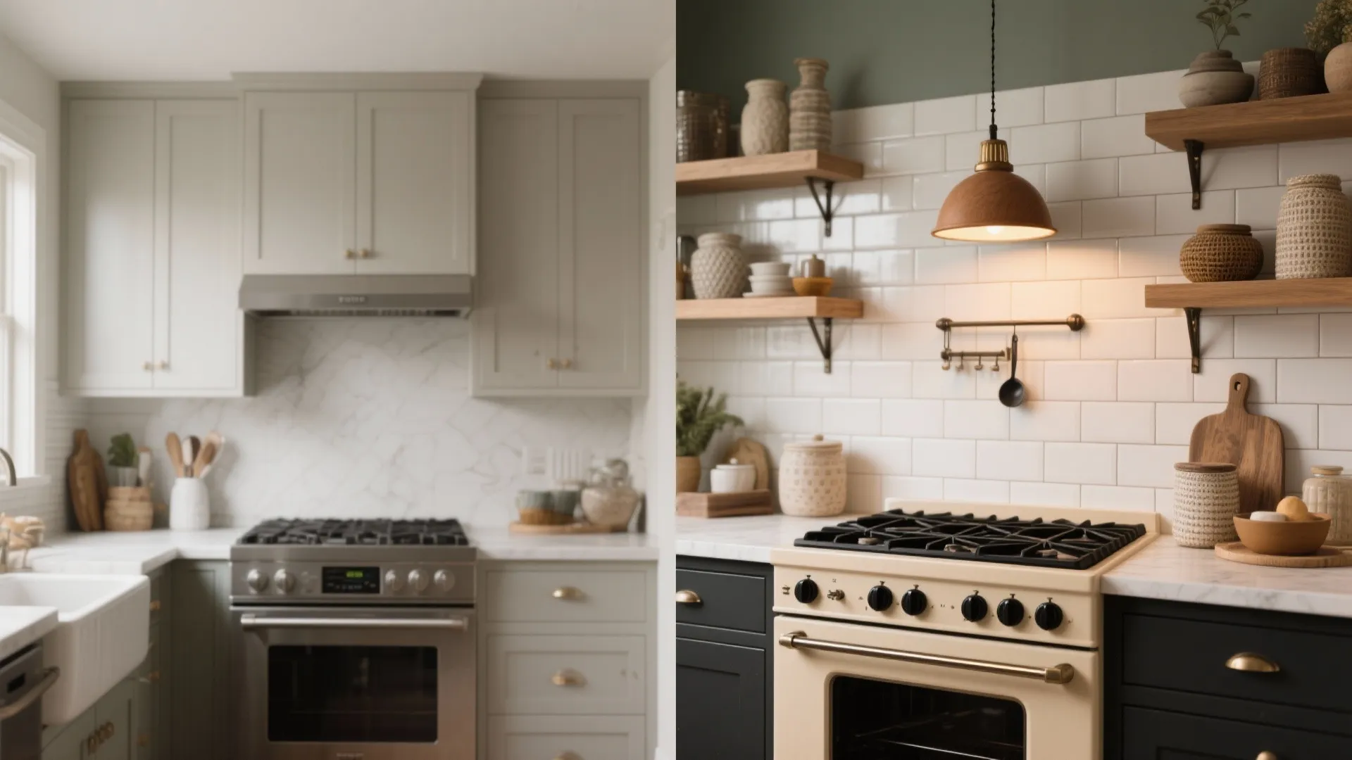 Before and after comparison of modern grey kitchen cabinets versus vintage style beige stove design