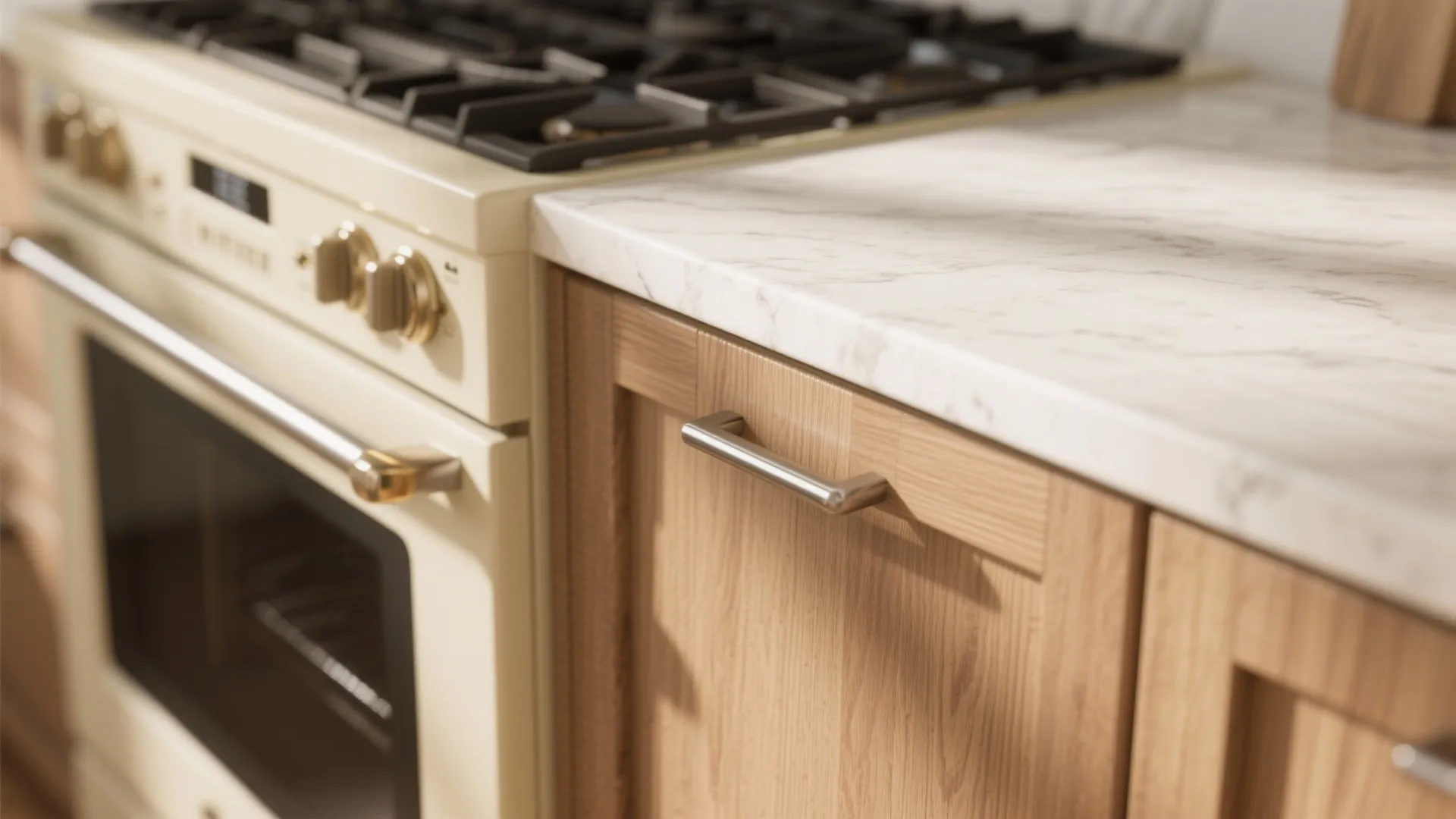 Close up of wooden kitchen cabinets with metal handles beside a vintage cream colored oven