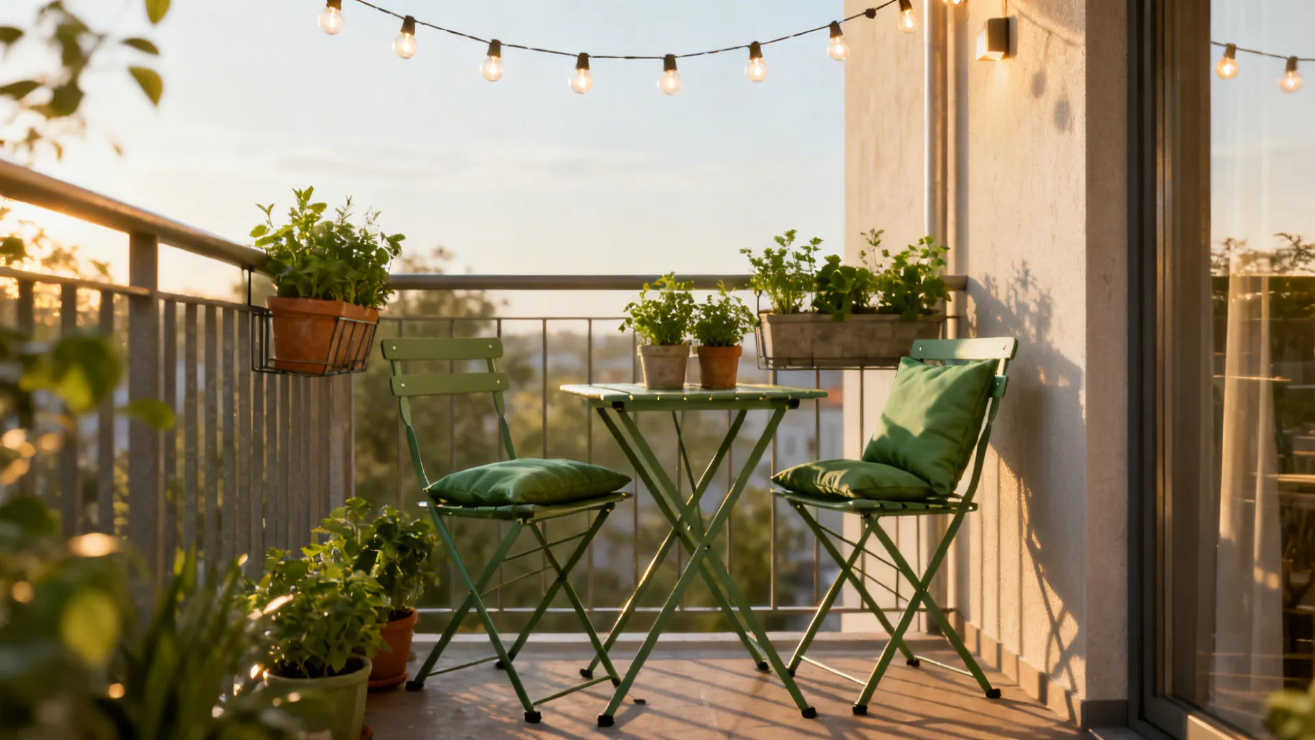 Tiny balcony with a two-seater bistro set, string lights and potted herbs