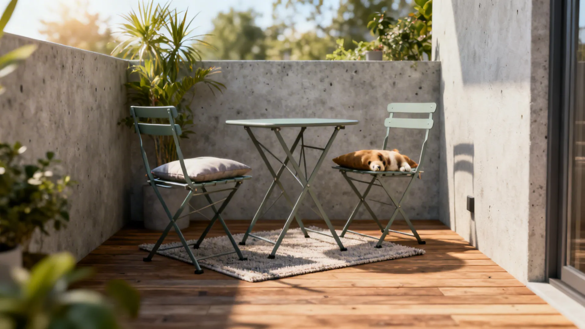 Compact metal bistro set with cushions on a small balcony nook with plants and a rug.