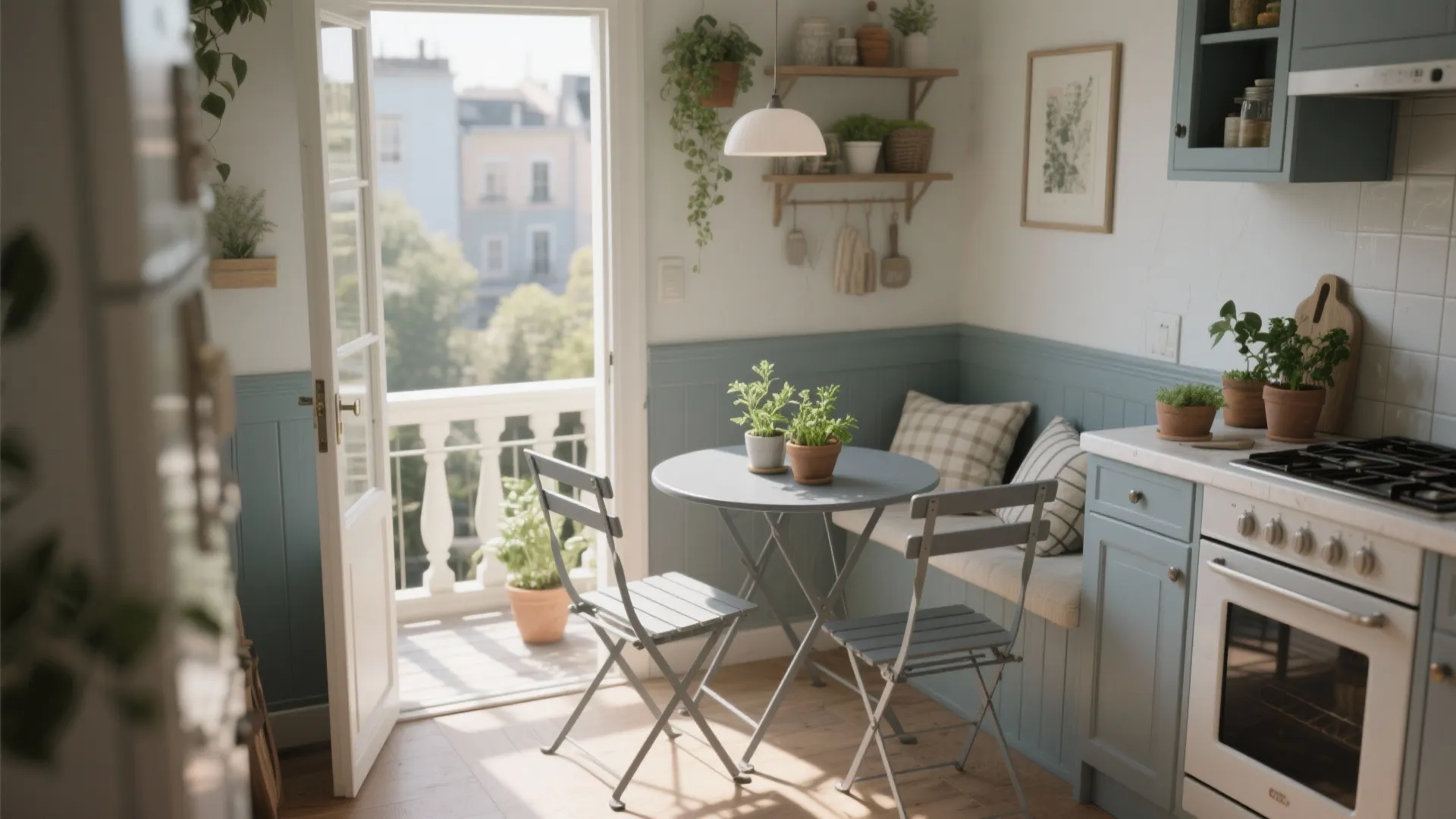 5. Painted gray bistro set for balcony-kitchen flow