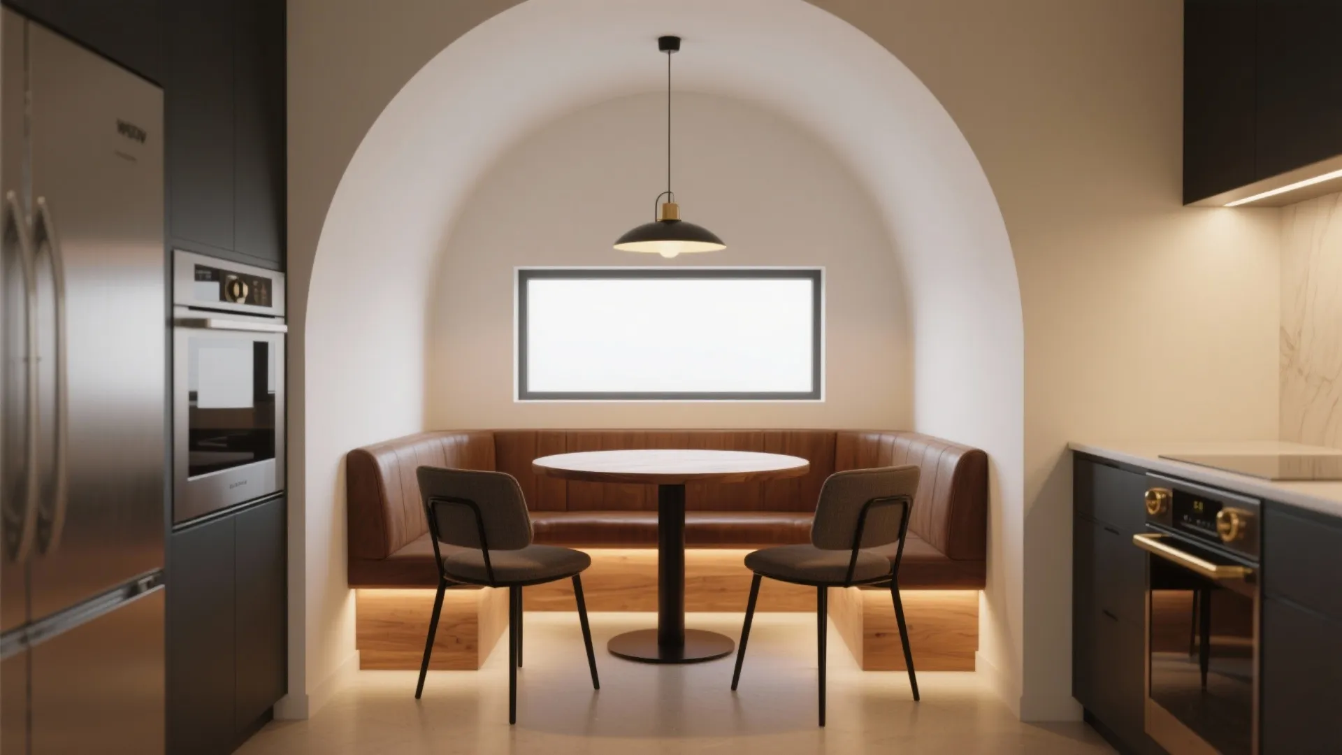 Modern dining area with curved wall nook brown leather sofa round wooden table and ceiling light