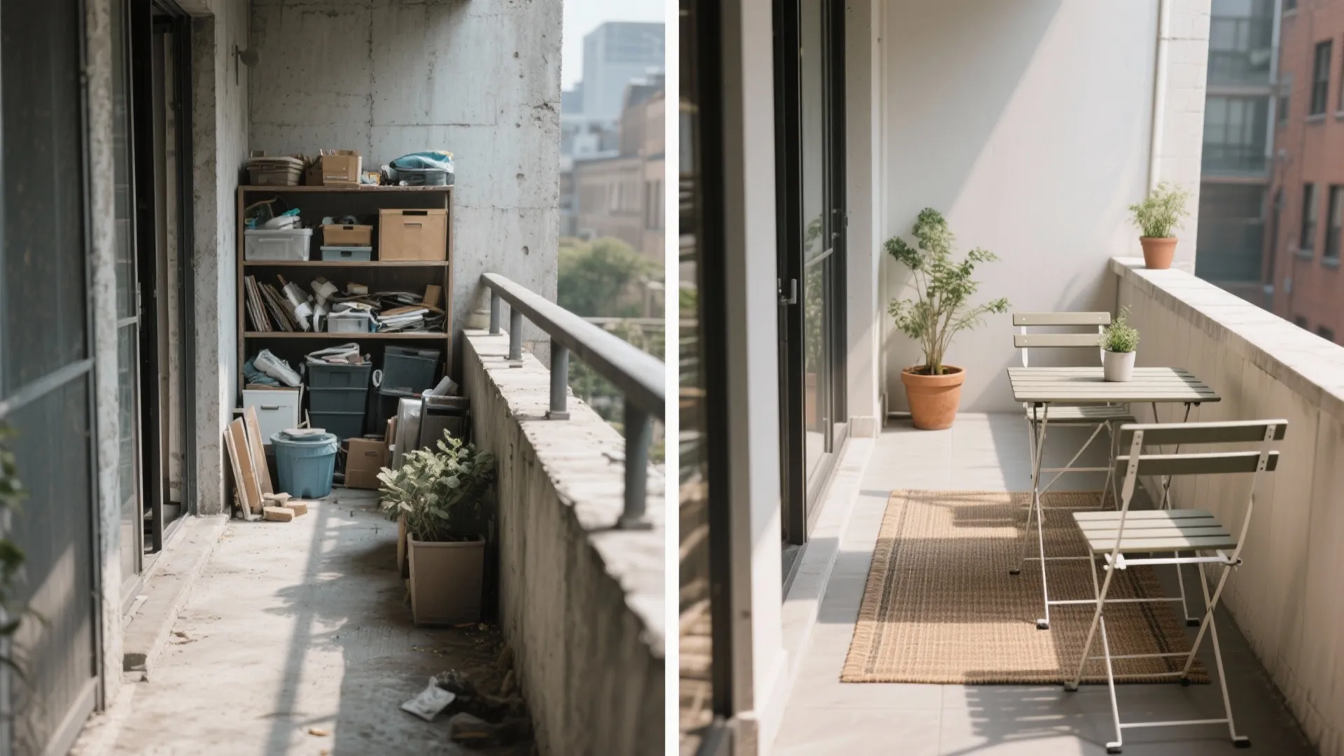 Before-after of a 3ft balcony from cluttered to a neat bistro setup.