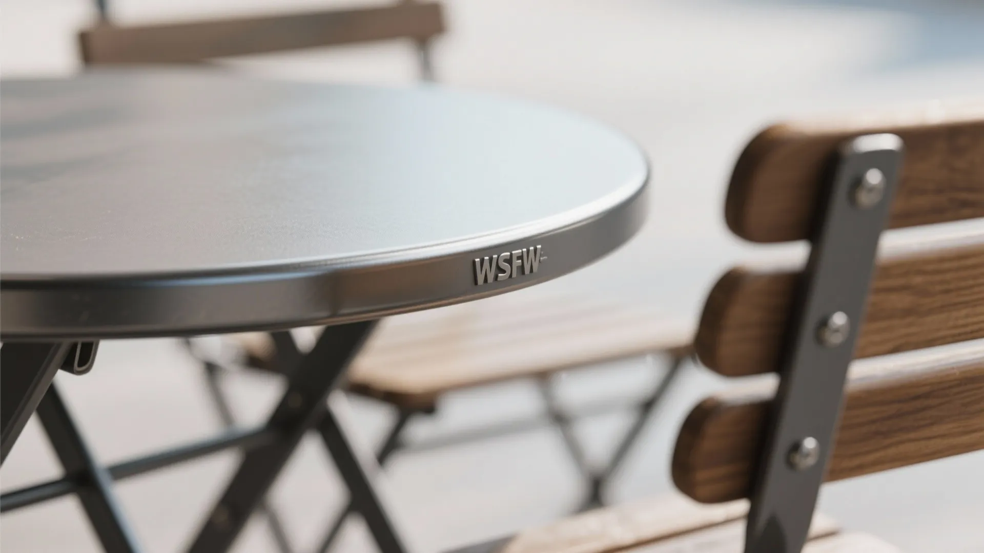 Macro detail of a round bistro table edge and foldable chair joint with durable finish.
