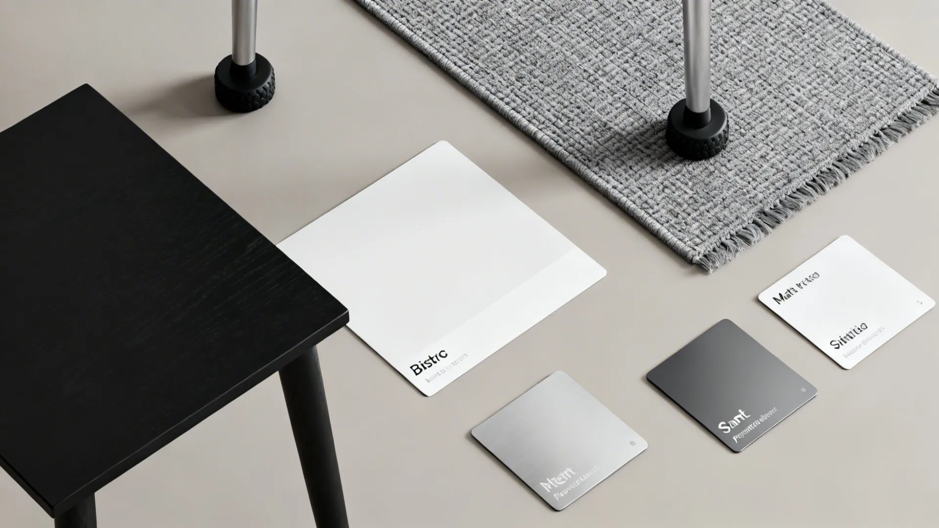 Material swatches in white and grey colors placed on floor next to black wooden table