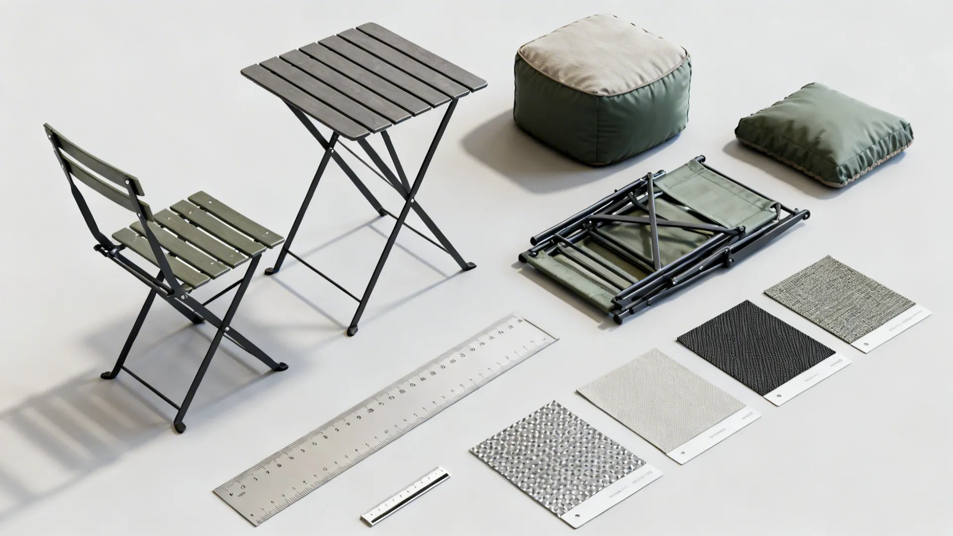 Metal folding chair and table with green footrest pillow ruler and metal material swatches display