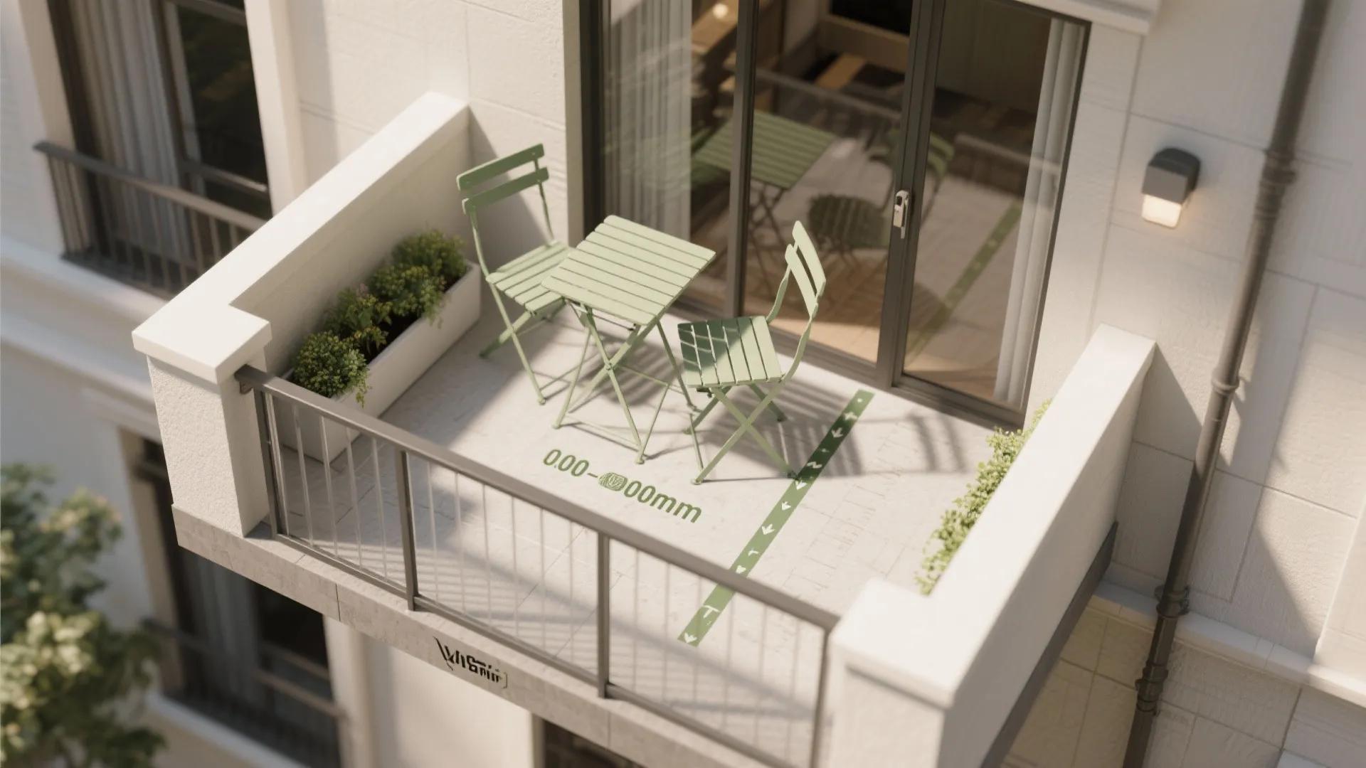 Small apartment balcony featuring a green folding table two chairs and measurements for room layout