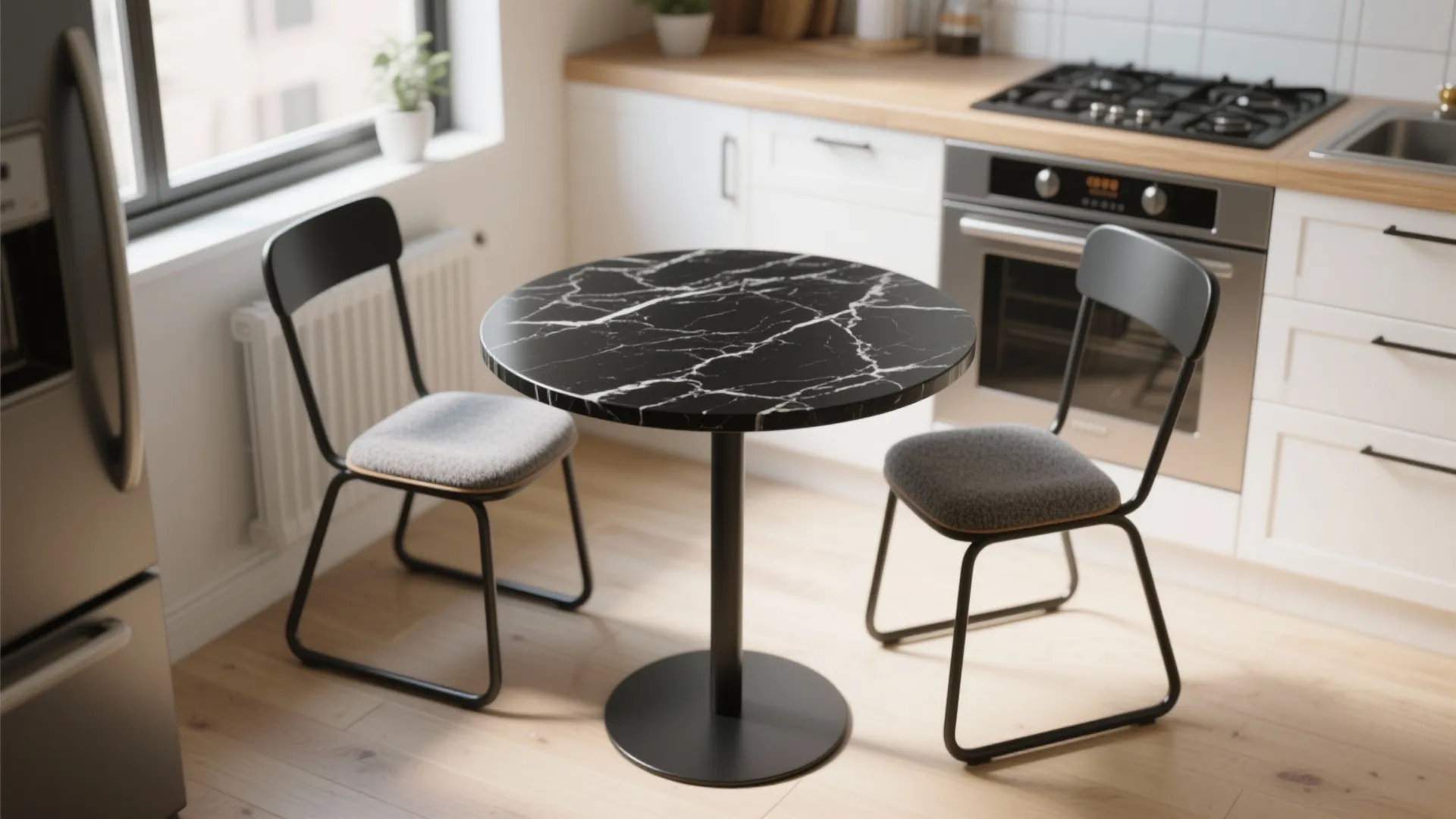 Round black marble dining table with two grey chairs in a bright modern kitchen area