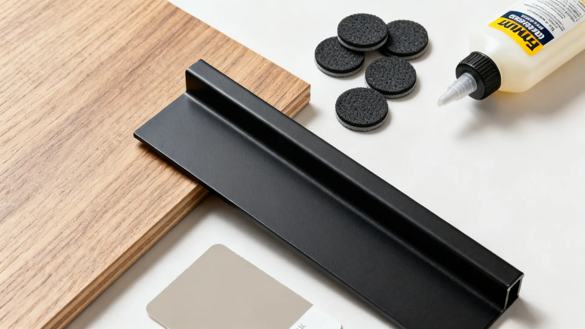 Flat lay of wood-look veneer, black metal sample, non-slip pads, and neutral paint chip.