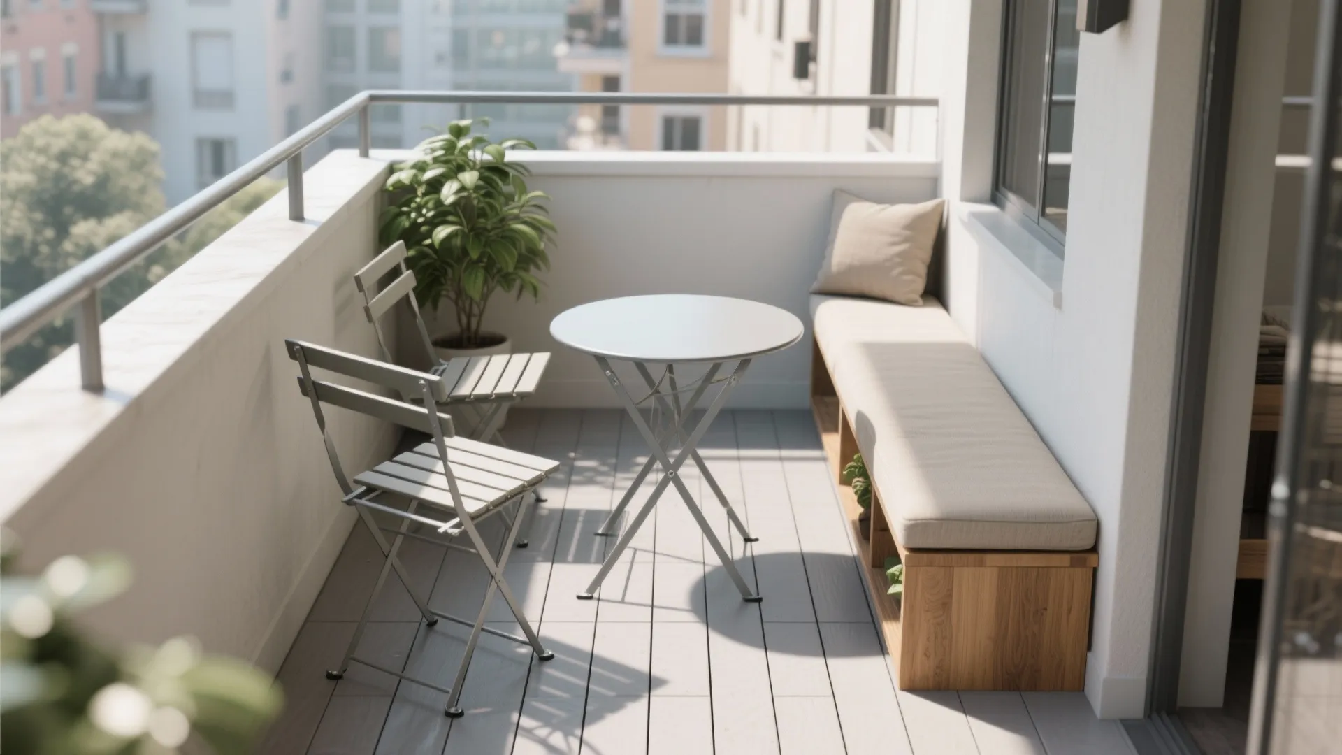 Small balcony with wood storage bench metal folding table and chairs plus a potted plant